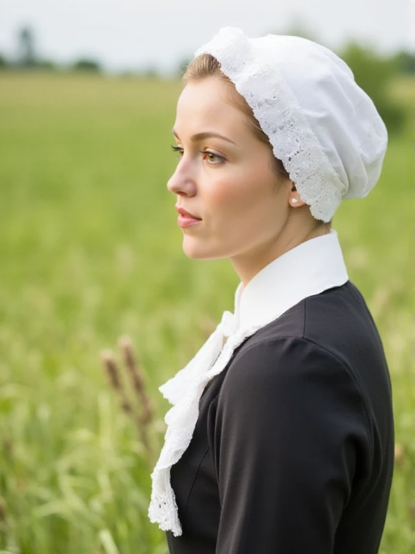 Rebecca Bowman is posing wearing black traditional amish costume and a white amish head ornement <lora:Rebecca_Bowman:0.9>