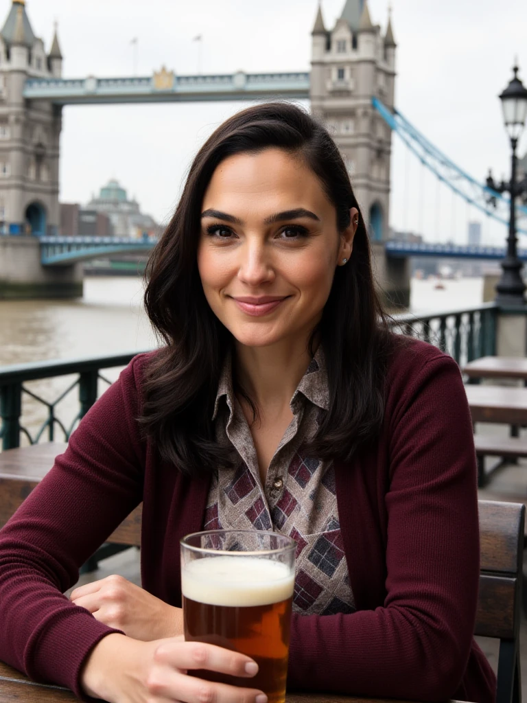 <lora:64164d0t_13F1D-000013:0.9>,(three-quarter view) photograph of (alluring 32 year old) (64164d0t:1.2) woman with dark hair,as an accountant,wearing an (maroon cardigan sweater and argyle blouse),holding a pint of beer, outdoor at a (London riverside cafe:1.2),with the (tower of london bridge:1.4) near by, a pleased look on face,modelshoot style,face focus,(sharp focus),facing viewer,rich details,clear shadows and highlights,realistic,highly detailed,sfw,(no visible cleavage),