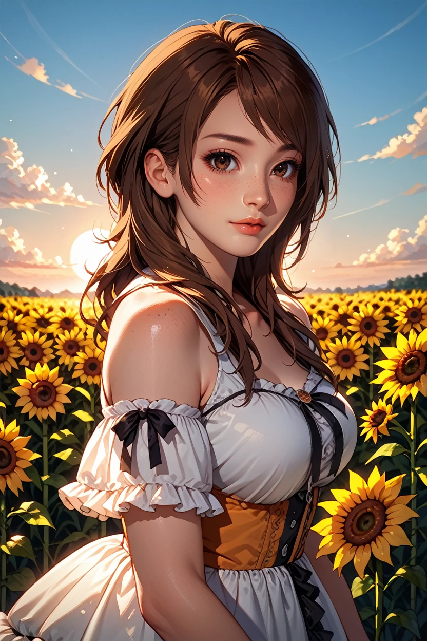 score_9, score_8_up, score_7_up,
<lora:FFyuri:0.8>
FFyuri, solo, 1girl, brown hair, brown eyes, looking at viewer, wearing frilled dress, Sunset over a sunflower field, warm and cheerful