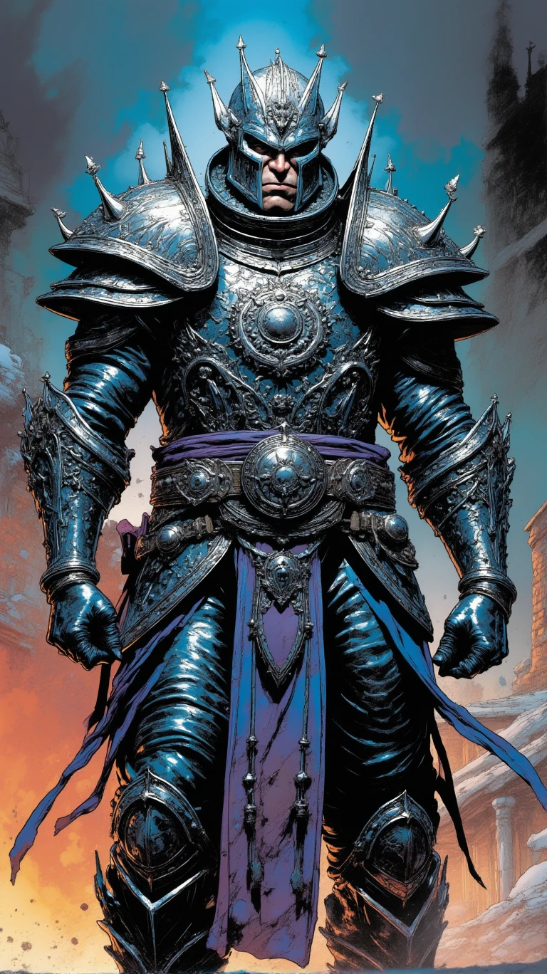 an image featuring a tall, armored figure standing in the foreground. the character is clad in intricate, dark blue armor with a high collar and has a serious expression. they wear a menacing helmet with sharp spikes and a faceplate that obscures their face, giving them a formidable appearance. the armor is adorned with silver accents and a prominent, ornate shoulder guard. the figure holds a long, ornate sword with a curved hilt in their right hand. ,  QVL style  