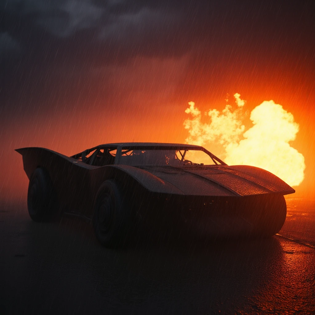 <lora:dark cinematic style v1 (The Batman 2022):0.9>
a batmobile is on fire in the rain, detailed background, cinematic shadows, cinematic dark color, chiaroscuro style, perfect cinematic image, perfect body, perfect anatomy, sharp image, detailed image, high quality photography, cinematic skin tone color, cinematic skin pore, cinematic photography style, dark cinematic style, outdoors, sky, no humans, fire, scenery, spacecraft, warm orange light