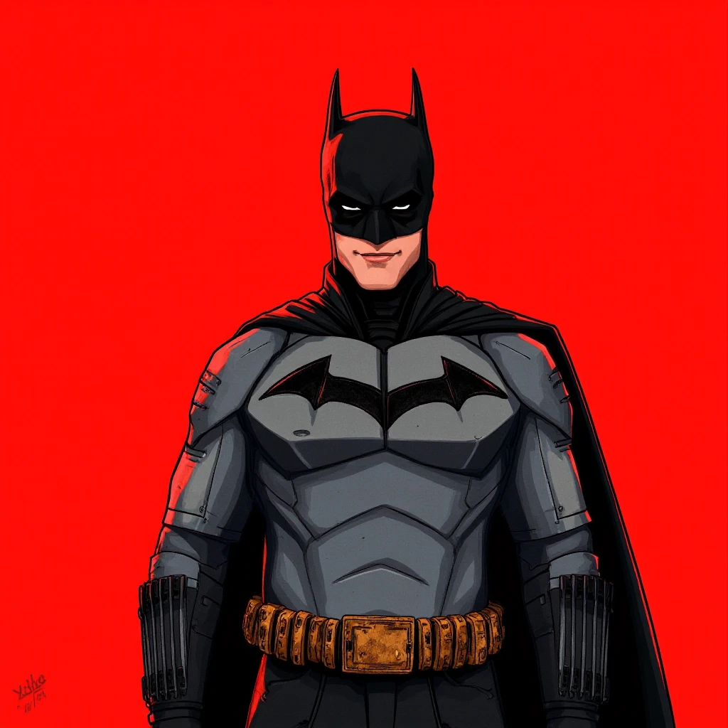 <lora:dark cinematic style v1 (The Batman 2022):0.9>
a comic drawing of a man in a batman costume standing in front of a red background, detailed background, cinematic shadows, cinematic dark color, chiaroscuro style, perfect cinematic image, perfect body, perfect anatomy, sharp image, detailed image, high quality photography, cinematic skin tone color, cinematic skin pore, cinematic photography style, dark cinematic style, solo, looking at viewer, smile, simple background, male, closed mouth, upper body, belt, cape, armor, mask, red background, black cape, superhero, utility belt