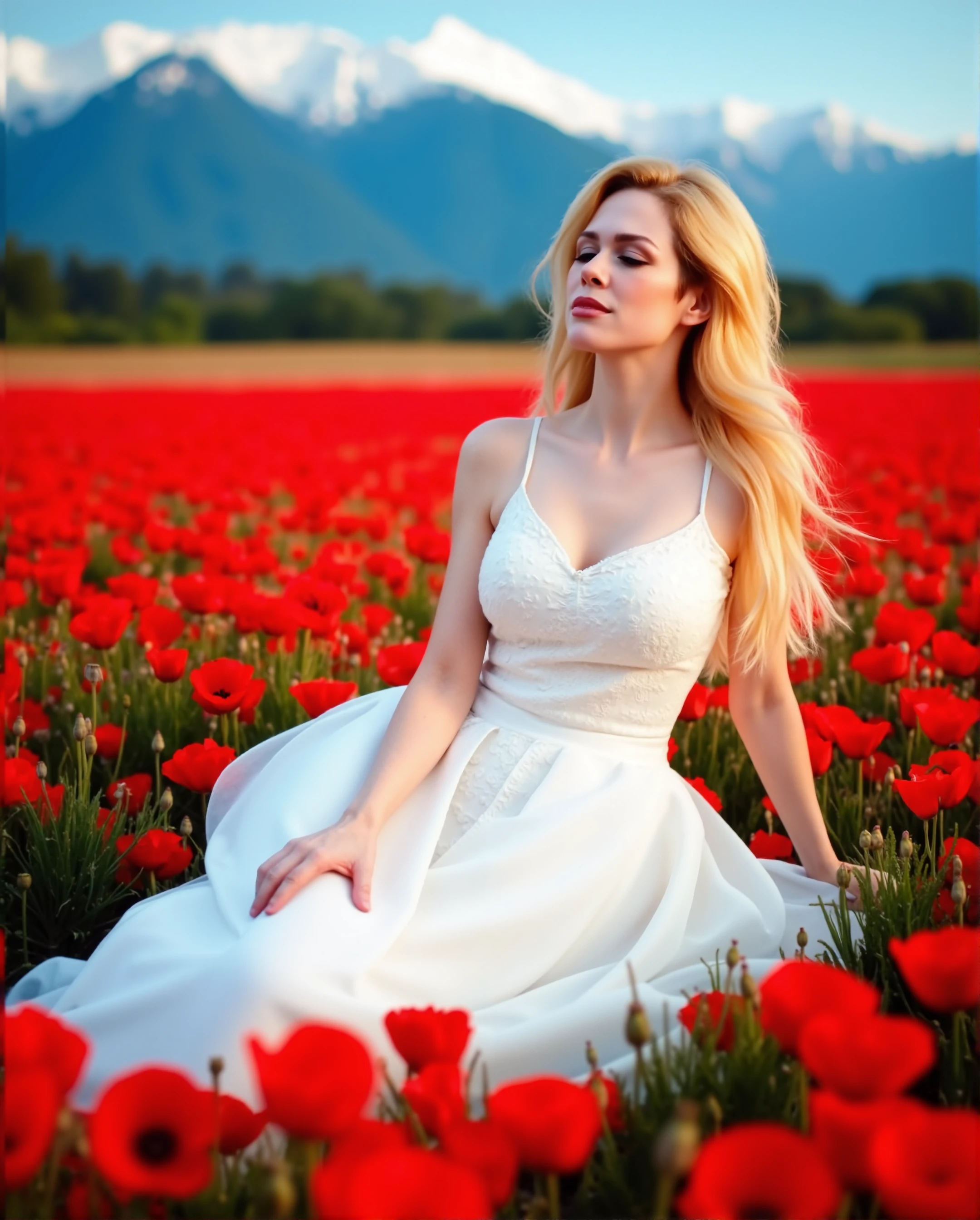 L3m01n3 sits gracefully on the ground in a vast field of vibrant red poppies, their petals gently swaying in the breeze. She wears a stunning white dress, the fabric flowing elegantly around her, its delicate lace patterns catching the sunlight and casting intricate shadows. The dress has a timeless charm, with a fitted bodice that enhances her figure and a skirt that billows softly, creating a sense of effortless beauty.  Her long, blonde hair cascades over her shoulders, glistening like strands of gold in the afternoon sun. She sits with her eyes closed, a serene smile playing on her lips, as if she's lost in a dream.  The atmosphere is undeniably romantic, with a soft, warm light bathing the scene, giving everything a gentle, ethereal glow. The background features majestic mountains, their snow-capped peaks rising proudly against the azure sky. The bokeh effect softly blurs the surrounding poppies, making L3m01n3 and her dress the focal point. The depth of field in the photograph adds a breathtaking sense of scale, making the distant mountains appear even more grand and magnificent. The clear, blue sky stretches endlessly above, creating a stunning contrast with the red poppies and adding to the overall sense of tranquility and beauty.<lora:flux\personas\Lemoine_Flux.safetensors:1.0:1.0>