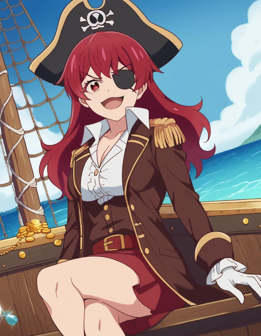 score_9, score_8_up, score_7_up, source_anime, <lora:natsumi-oohashi-s1-ponyxl-lora-nochekaiser:1>, natsumi oohashi, long hair, red eyes, red hair, large breasts,, <lora:pirate-costume-ponyxl-lora-nochekaiser:1>, pirate costume, pirate hat, skirt, gloves, jacket, shirt, eyepatch,, blue sky, sea, ocean, pirate ship, treasure, gold, smug, open mouth, from below, sitting,, , dutch angle, cowboy shot