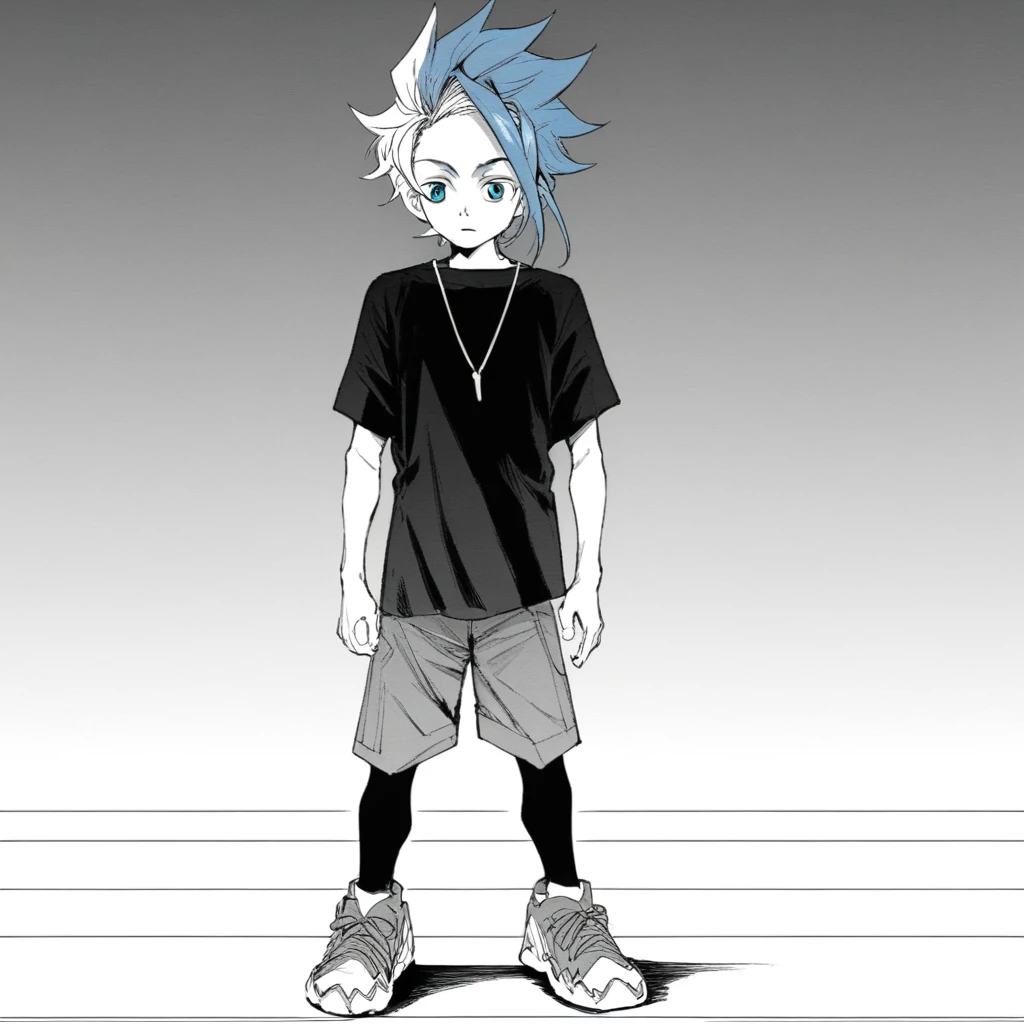 1boy,solo,ekusu,two-tone hair,blue hair,yellow hair,pale skin,blue eyes,short sleeves,necklace,black t-shirt,dark blue shorts,black leggings,sneakers,full body,manga,grayscale,monochrome