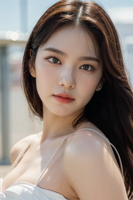 masterpiece, best quality, ultra-detailed, ultra high res, (photorealistic:1.4), raw photo, (realistic:0.2), 8k HDR, realistic cool temperature lighting, (asian:0.2), 1girl, solo, asymmetrical hair, outdoor, day, (simple background:1.2), bokeh, (detailed lips), (detailed pores), (detailed skin textures with pinkish tinge), (detailed face:1.2), (upper body:1.2), a woman in a white dress, promotional image, a character portrait,