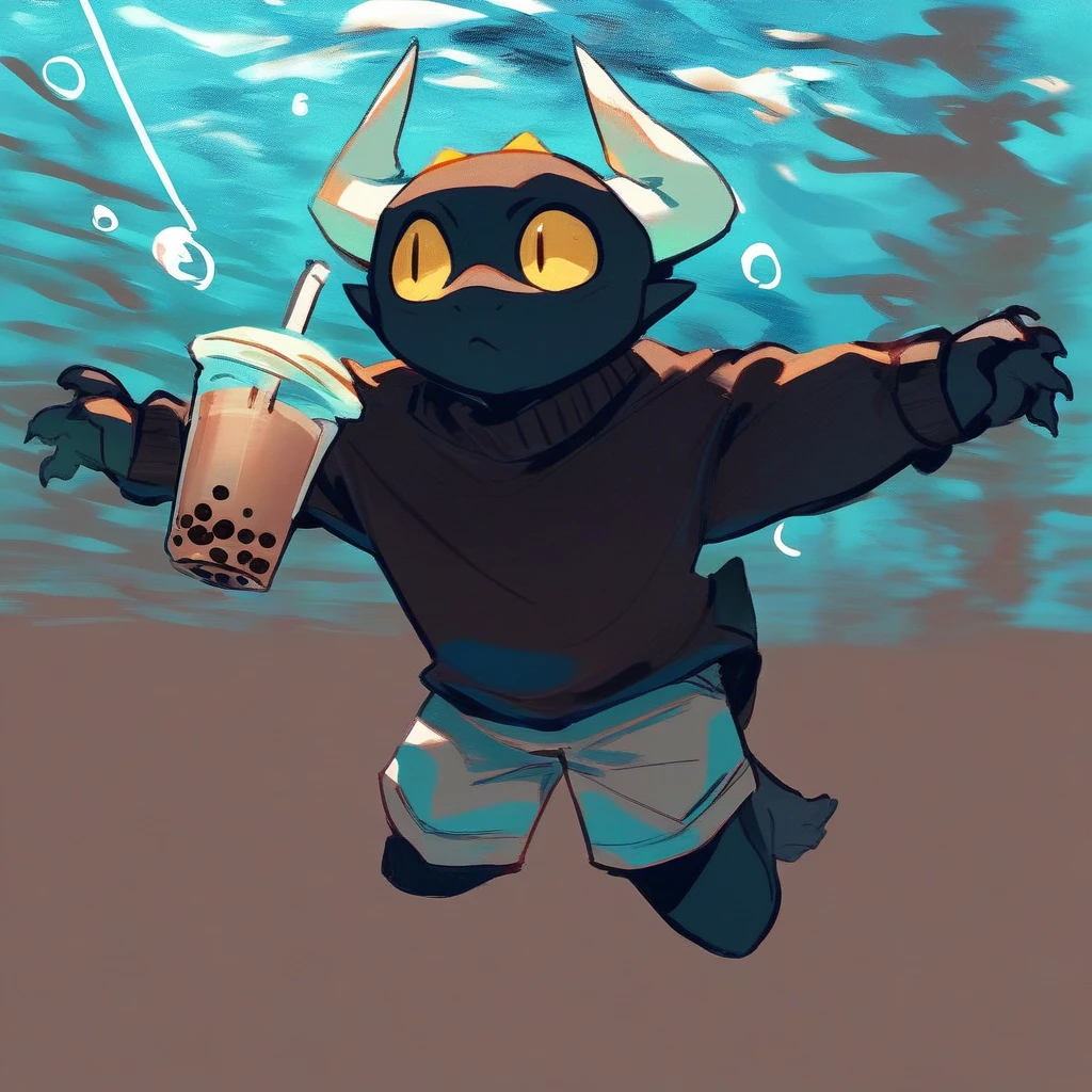 score_9_up, score_8_up, score_7_up, source_furry. mikus-concept, parody, underwater, swimming, album parody, nirvana nevermind, black dragon, black body, white horns, yellow eyes, holding, bubble tea, black sweater, gray shorts,