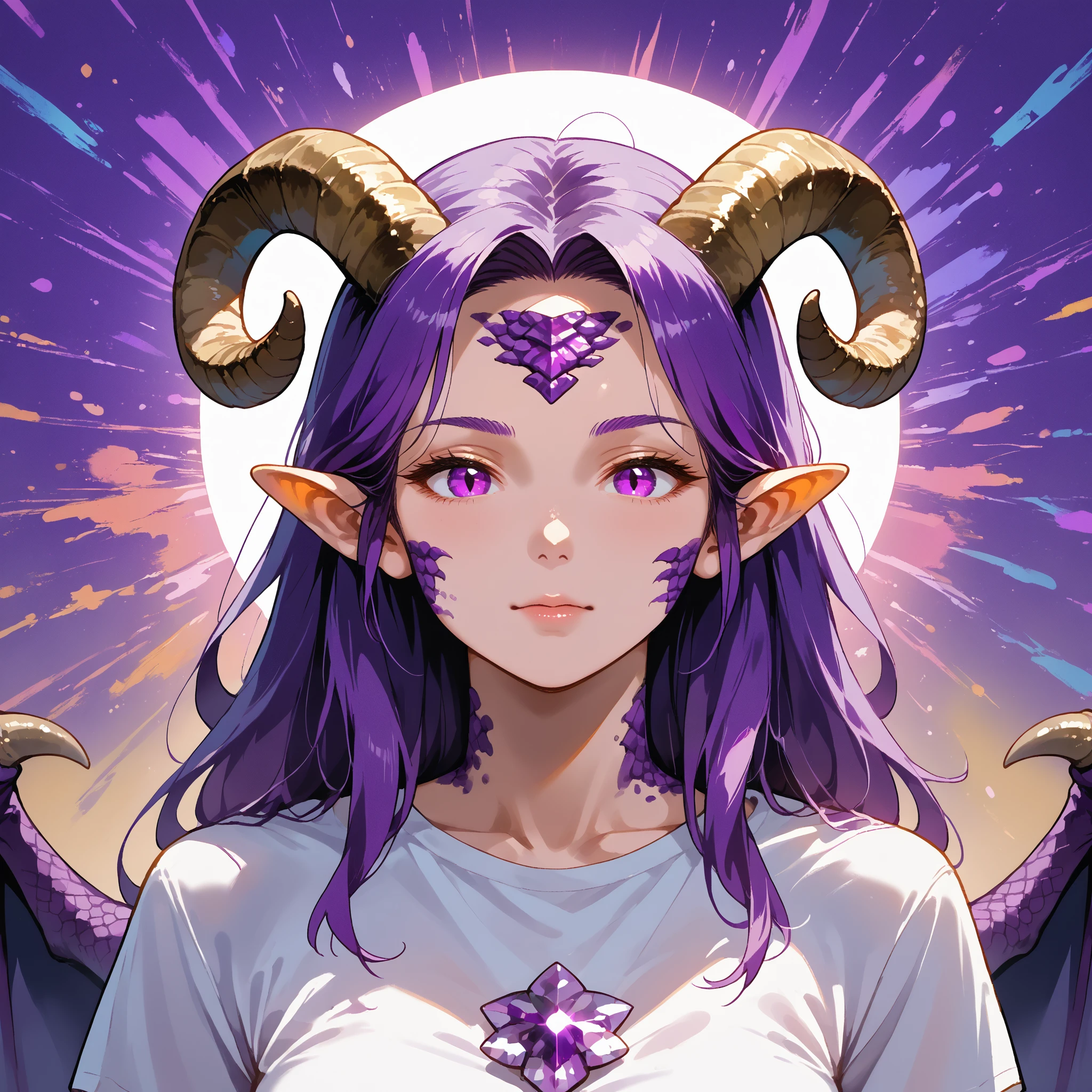 score_9, score_8_up, score_7_up, score_6_up, source_anime, rating_questionable, drfocc, waist-up portrait, BREAK 1girl, dragon girl, pointy ears, (mature woman), sheep horns:1.2, dragon wings, ((amethyst purple scales:1.4, forehead scales:1.2)), tight t-shirt, (long hair, hair over front:1.4),

BREAK Scene: abstract background, vibrant colours:1.2, intricate background