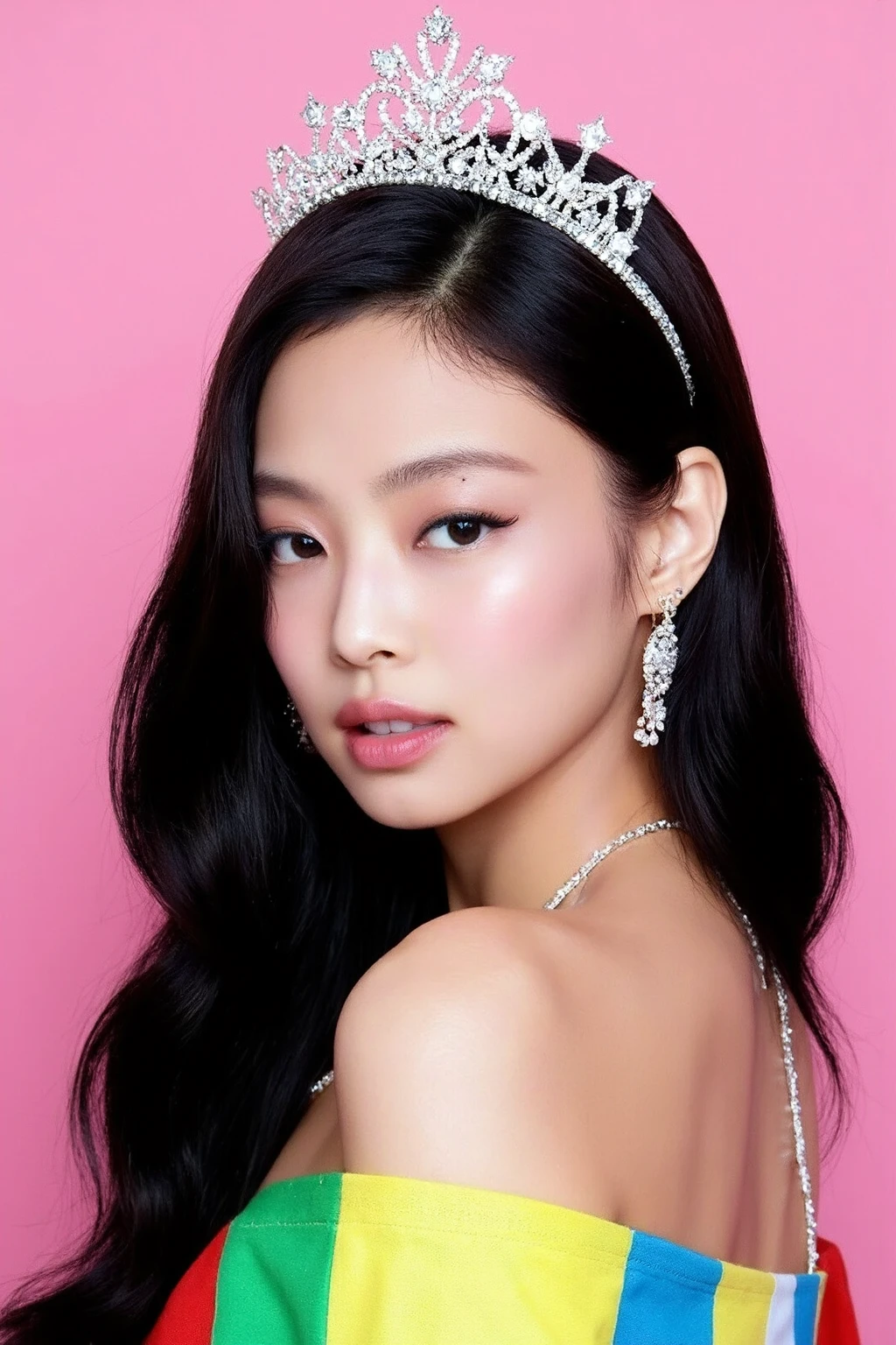 Seoul, 1982, A young korean beautiful girl, 22-year-old, sexy girl, strikingly beautiful, black hair, big breasts, delicate facial features, porcelain skin, red lips, expressive eyes, ((awe and joy expression)), a prizewinner in a beauty contest, miss korea, (Miss Korea blue one-piece Swimsuit), winner crown, the sash, and the crown, ((hairstyle of the 1980s)),((pin up style)), pastel background