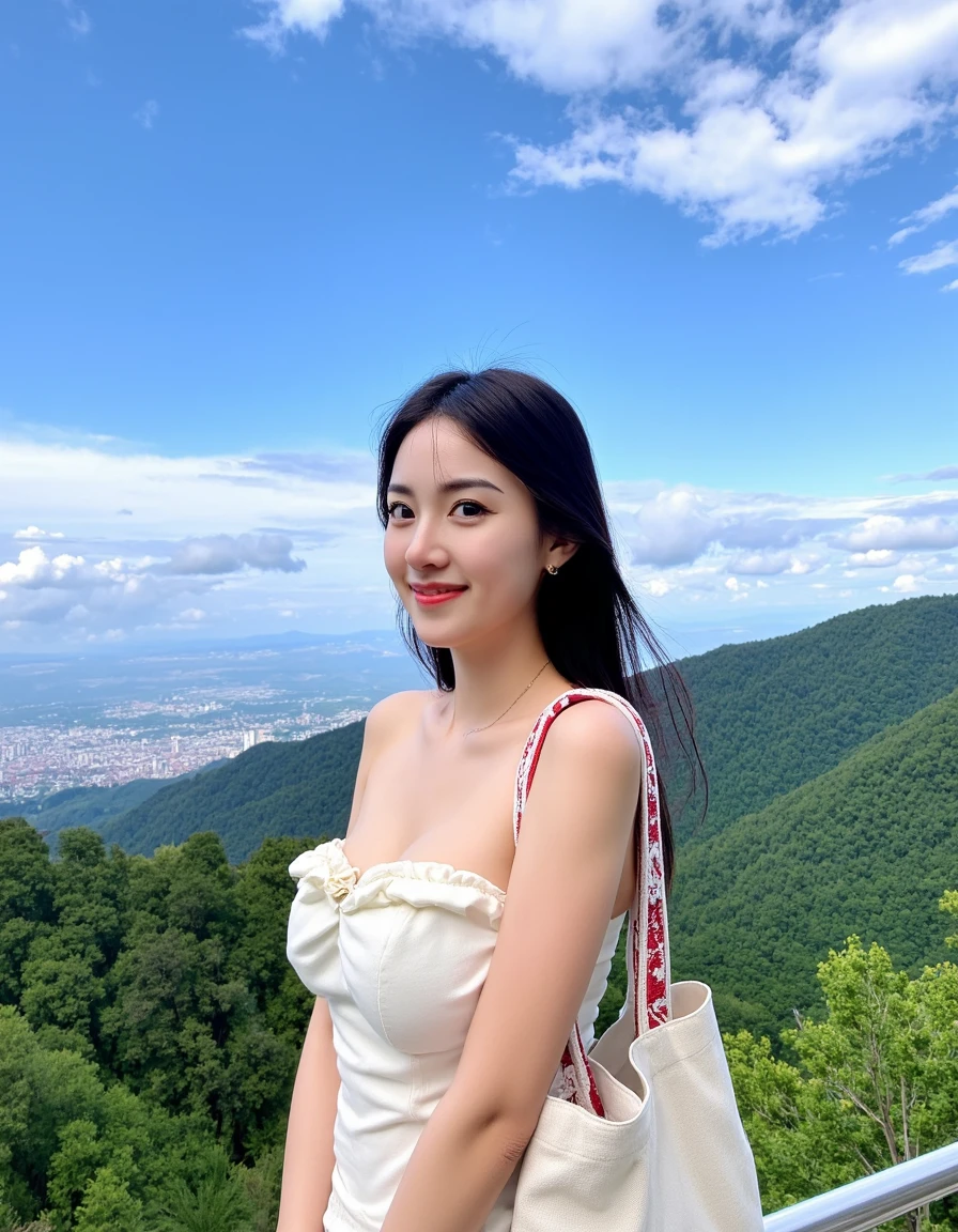 This image captures a young woman posing for a photograph in front of a scenic overlook. She is dressed in a stylish white strapless top with a delicate rose design at the neckline, paired with light-colored pants. Her long, dark hair is neatly pulled back, and she carries a canvas tote bag with a distinctive red and white patterned strap over her right shoulder.
In the background, a lush forest stretches out, with a cityscape visible in the distance. The sky above is a brilliant blue, dotted with white clouds, creating a picturesque setting. The woman's pose and the scenic backdrop suggest that she is on a leisurely outing or vacation, taking in the breathtaking views and enjoying the beauty of nature.<lora:x1:1>