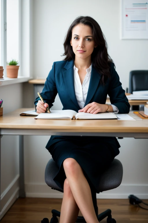 woman sitting at desk <lora:under_desk-nai:1>