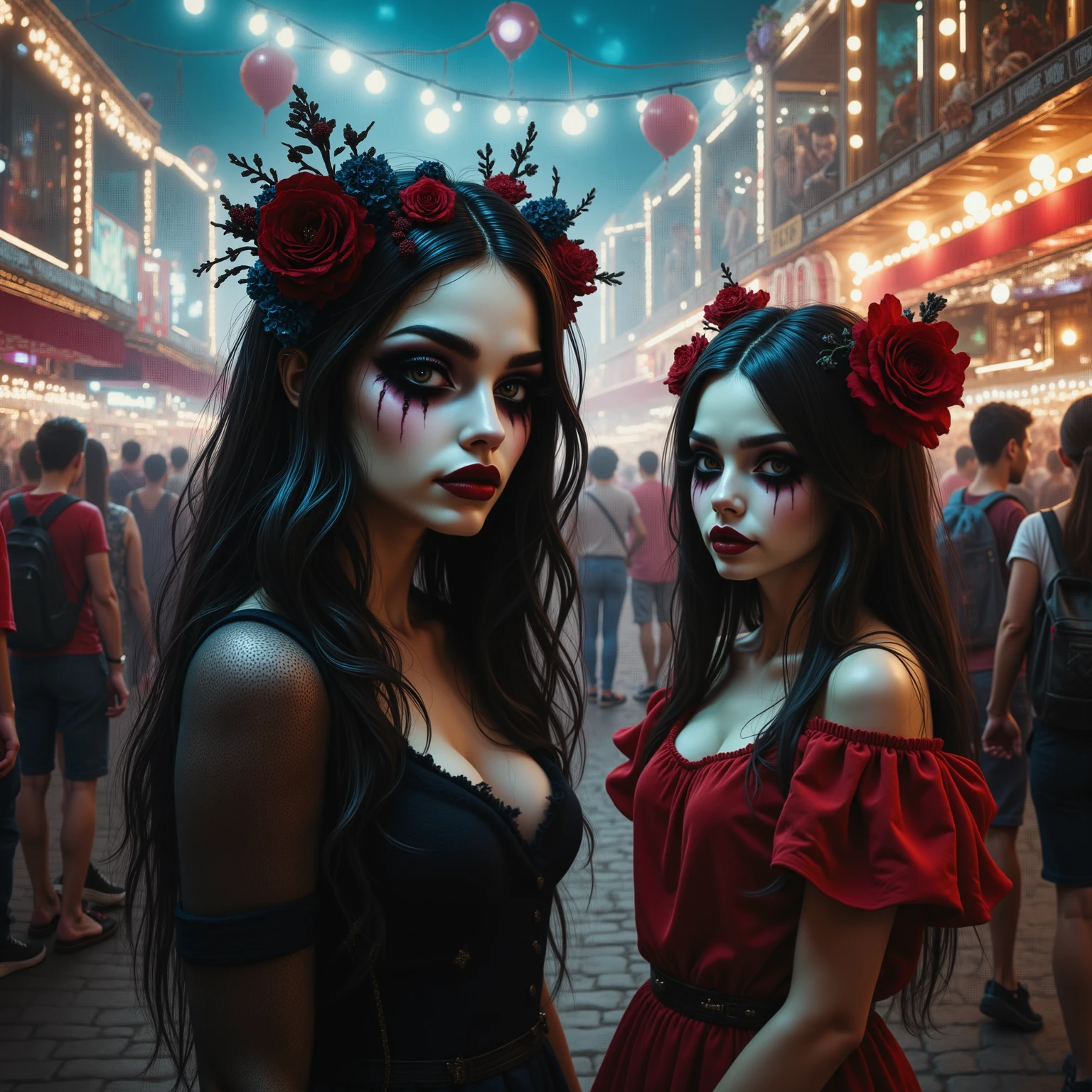 A mesmerizing, high-resolution depiction of two spooky looking young women, set against a crowded carnival backdrop, filled with dark and unsettling dreamlike elements that evoke a sense of grim beauty, showcasing the genius yet troubled nature of the artist