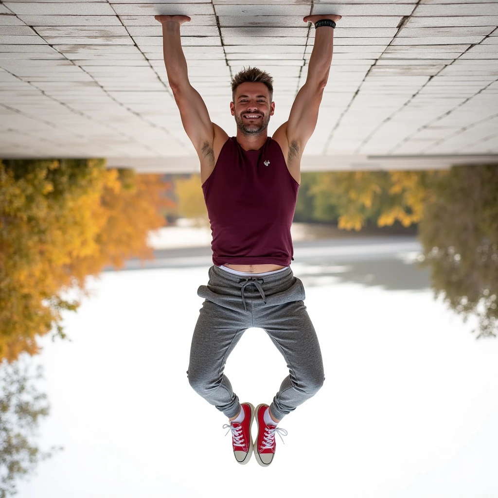 The image shows a man performing a handstand outdoors, wearing a sleeveless maroon shirt and gray jogger pants and red converse sneakers. The inversion makes it appear as though he is suspended from the tiled surface above him, with his feet pointing toward the ground. Behind him, the landscape features a body of water and trees in autumn, which are also inverted, creating a visually disorienting effect where the sky appears below. The man is smiling and appears relaxed, despite the flipped perspective. The bright, natural background contrasts with his outfit, making both the inversion and his expression stand out.