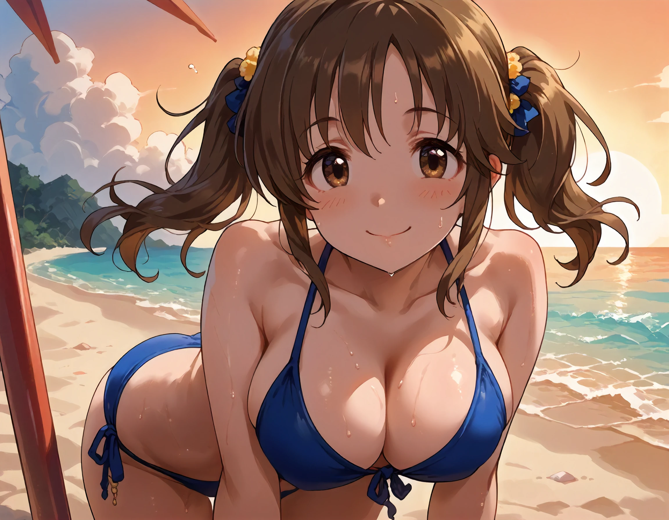 score_9,score_8_up,score_7_up,1girl,solo,looking at viewer,leaning forward,smile,closed mouth,blush,beach,sunset,sweat,
<lora:totokiairi_ponyXLV6:0.8>,cgtta,
brown hair,twintails,brown eyes,large breasts,
blue bikini