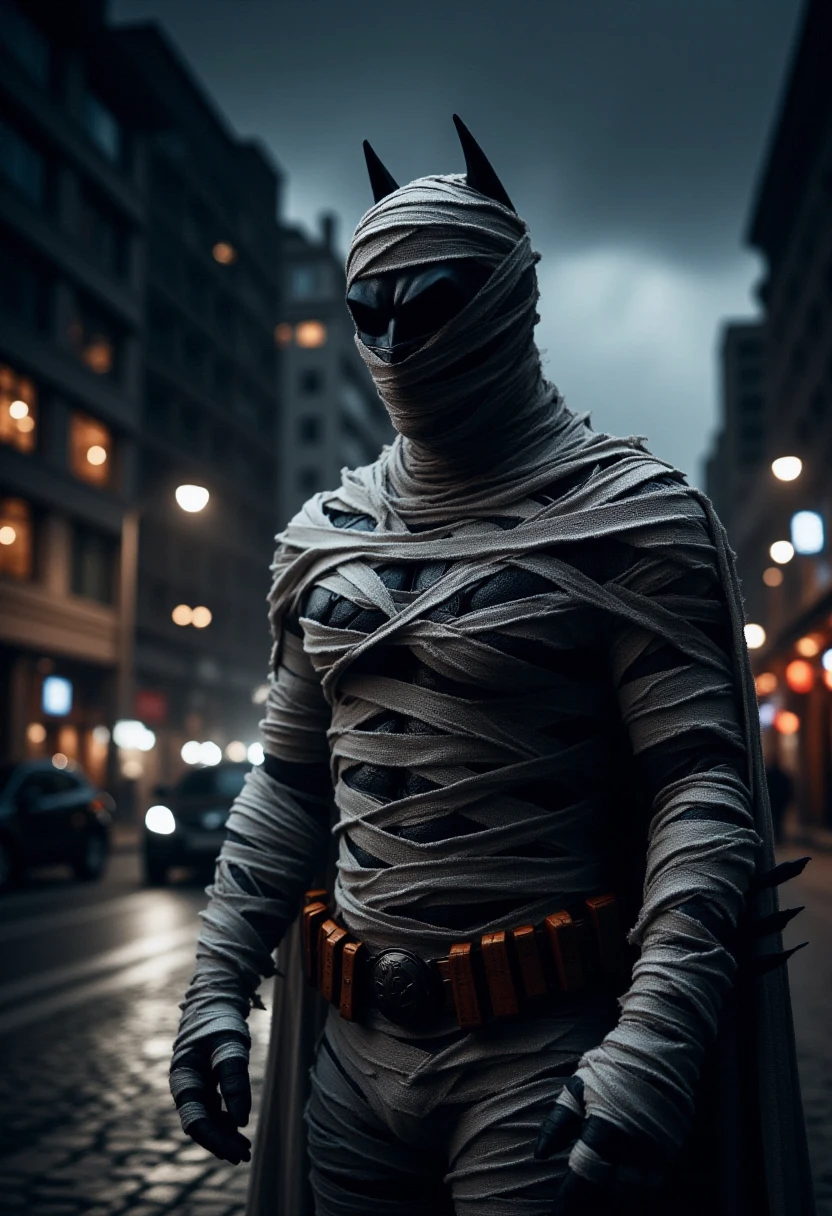 <lora:Mummifier_FLUX:0.9>
The image is a high-resolution photograph featuring Batman dressed as a mummy in a dark city street