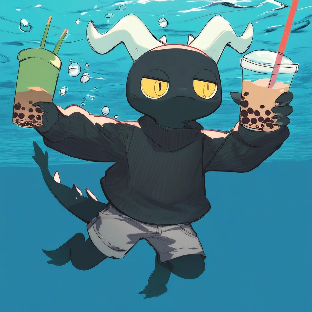 score_9_up, score_8_up, score_7_up, source_furry. mikus-concept, parody, underwater, swimming, album parody, nirvana nevermind, black dragon, black body, white horns, yellow eyes, holding, bubble tea, black sweater, gray shorts,