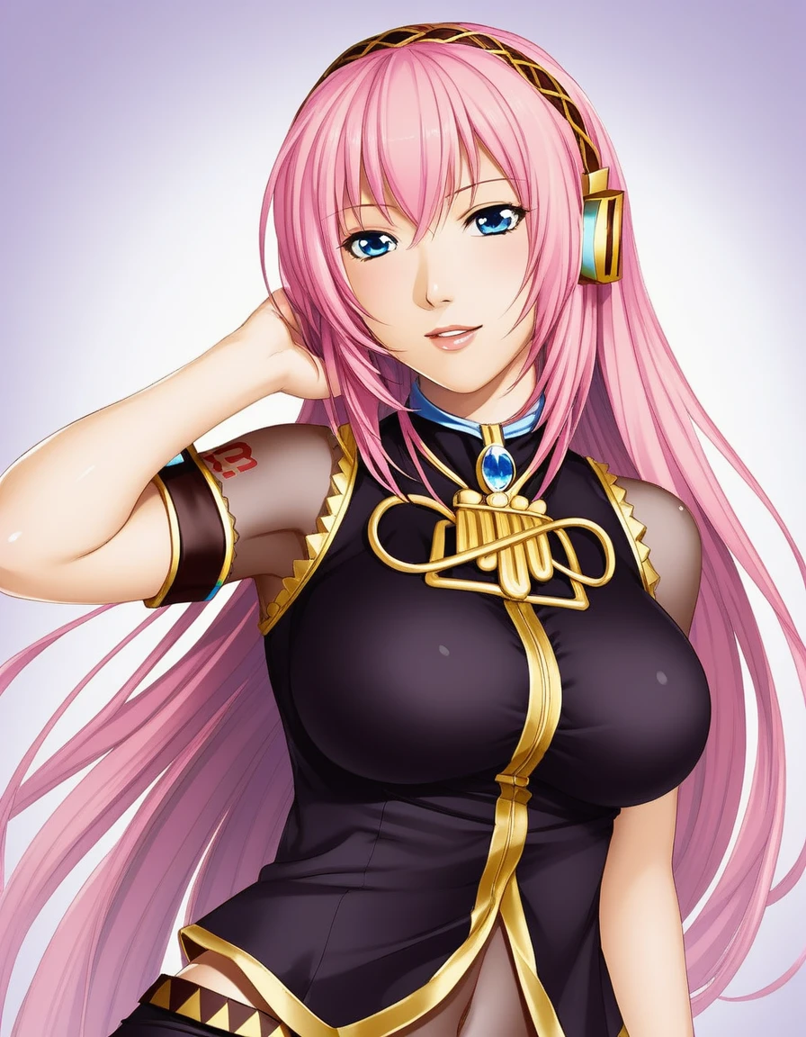 masterpiece,Beautiful adult woman ,Megurine Luka,E cup breasts,Pink long hair,blue eyes,headphone,Megurine Luka&#39;s official costume,Black costume,Gold decoration,smile,front,Bedroom,