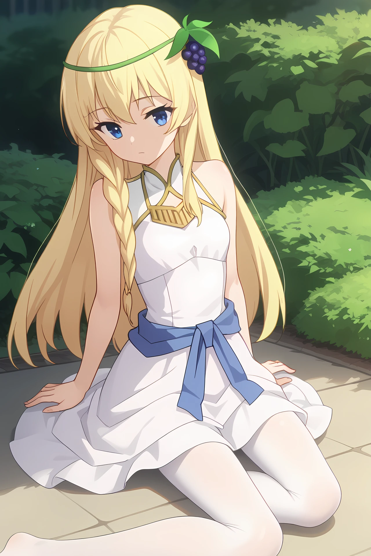 (long white dress blue belt white pantyhose:1.40), ks-iris, blonde hair, long hair, blue eyes, hair ornament, necklace, 1girl, solo, skinny, score_9, score_8_up, score_8, score_7_up, score_7, score_6_up, score_6, score_5_up, score_5, source_anime, (horny:1.10), outdoors, (sitting:1.20), (:1.20), feet, <lora:ks-iris-V01-000003:1.00> small breasts