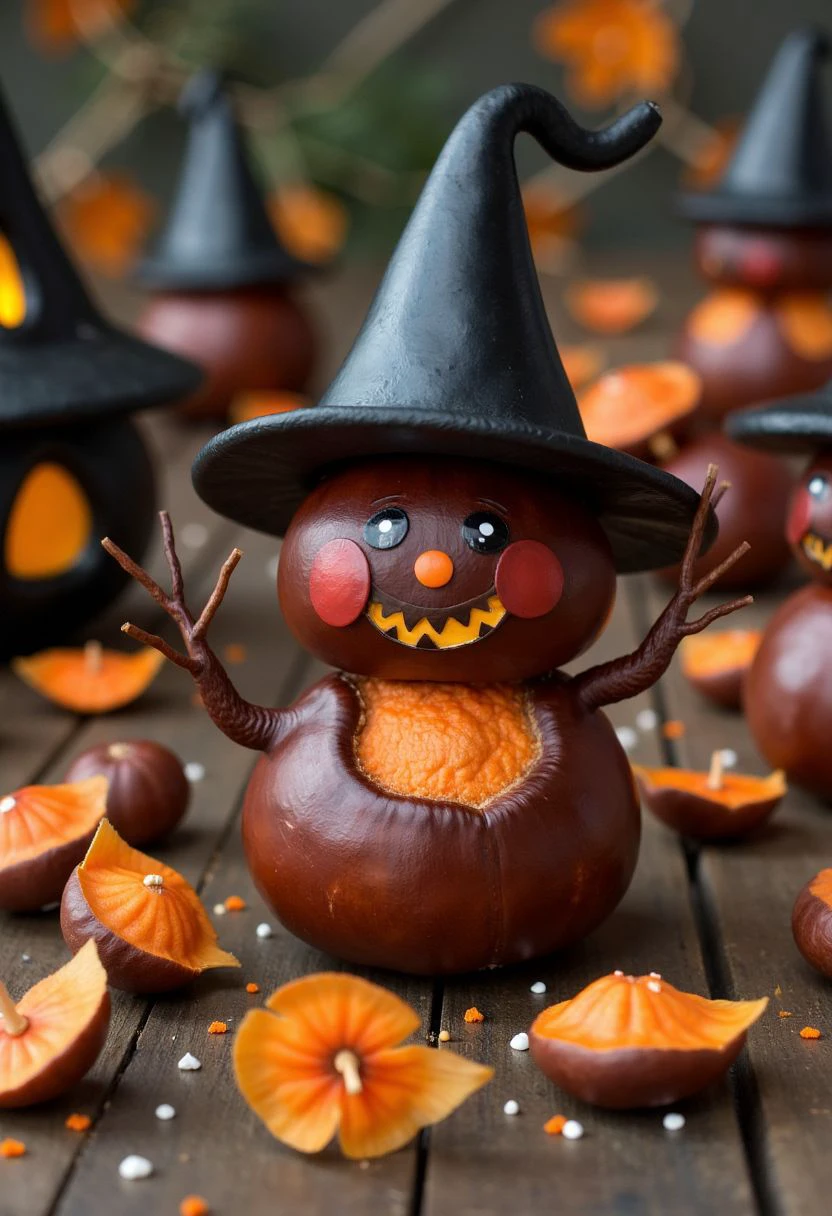 a_chestnut_craft, the chestnut craft shows a figure, a halloween scenery crafted from multiple round chestnuts <lora:ck-chestnut-crafts:1>