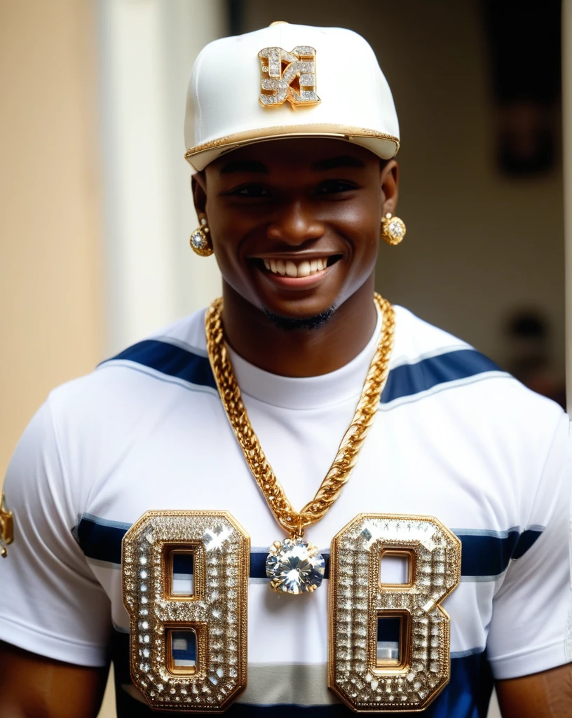 UHD, 8K, ultra detailed, highly realistic photo of UHD, 8K, ultra detailed, highly realistic medium shot,  solo, attractive dark-skinned African American  man  , blingbling  closed mouth <lora:blingbling_PDXL_v1-000008:1>,   smile, visible teeth, baseball cap, earrings,  background is an empty room,   (high resolution 8K photo quality:1.3), 4k epic detailed, 35mm film, sharp focus, high budget, OverallDetailXL