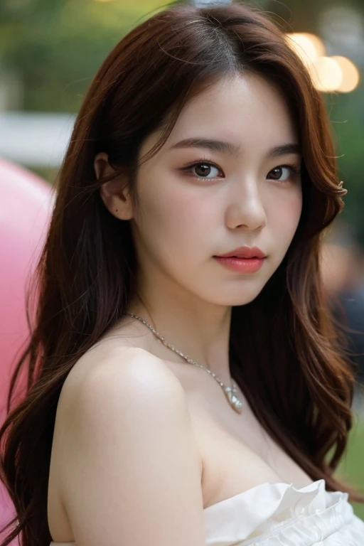 masterpiece, best quality, ultra-detailed, ultra high res, (photorealistic:1.4), raw photo, (realistic:0.2), 8k HDR, realistic cool temperature lighting, (asian:0.2), 1girl, solo, asymmetrical hair, outdoor, day, (simple background:1.2), bokeh, (detailed lips), (detailed pores), (detailed skin textures with pinkish tinge), (detailed face:1.2), (upper body:1.2), a woman in a white strapless tube dress, promotional image, a character portrait,