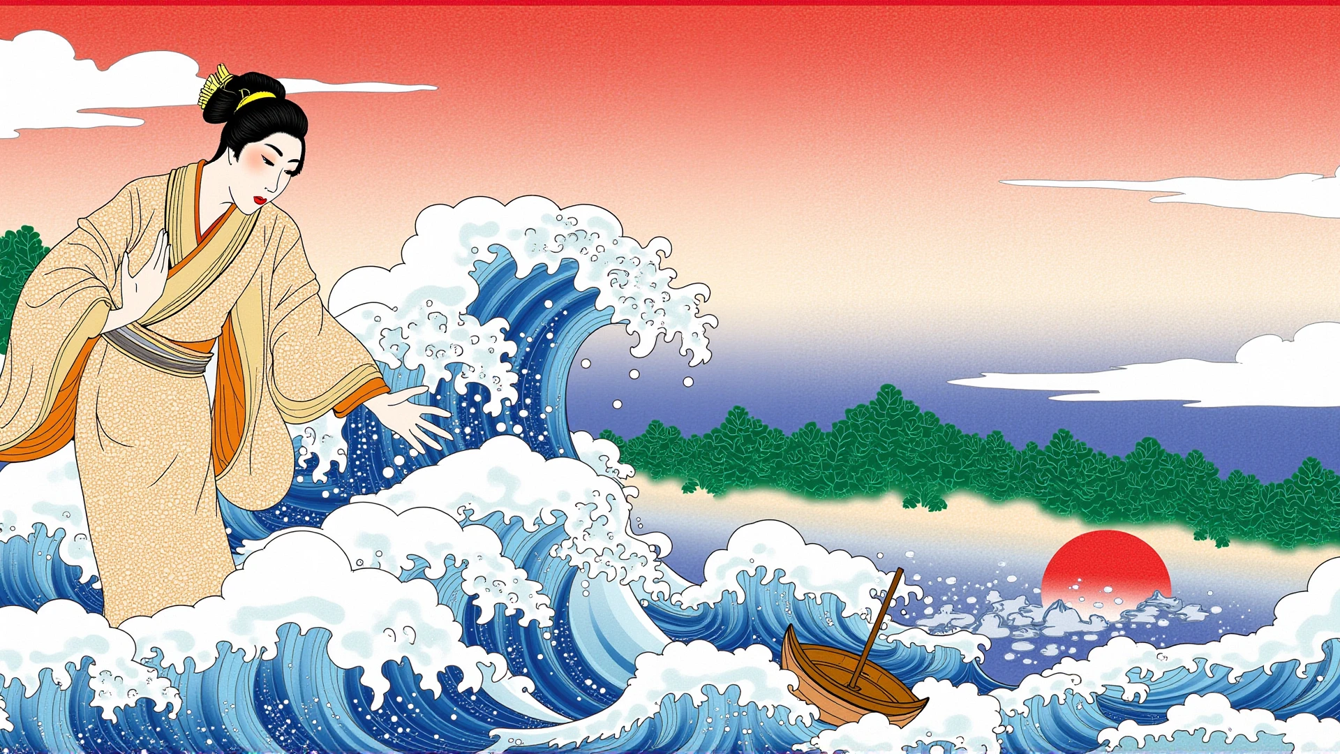 This is an ukiyo-e artwork featuring a Japanese woman with rough waves in front of her and a wooden fishing boat about to sink in the depths of the sea. Behind the woman is a forest, with Mt. Fuji showing its snow-capped summit deep in the forest, and clouds encircling Mt.