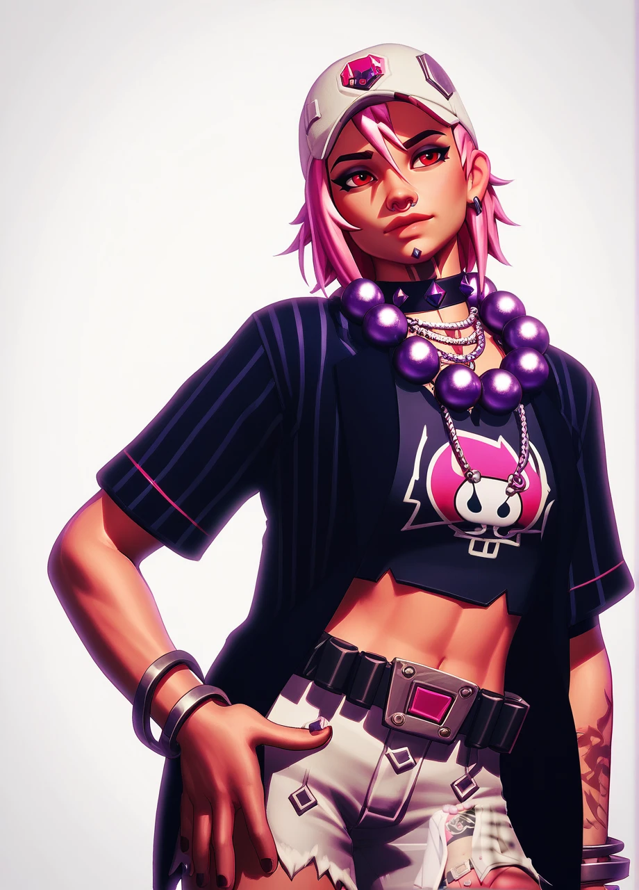 <lora:FN_Dusty-PONY:1> dustyalt, white cap, pink hair, red eyes, makeup, piercings, choker, bead necklace, open clothes, black shirt, pink crop top, belt, shorts, bracelets, 1girl, solo, standing, cowboy shot, white background, score_8_up, score_7_up, score_6_up, score_5_up, score_4_up,