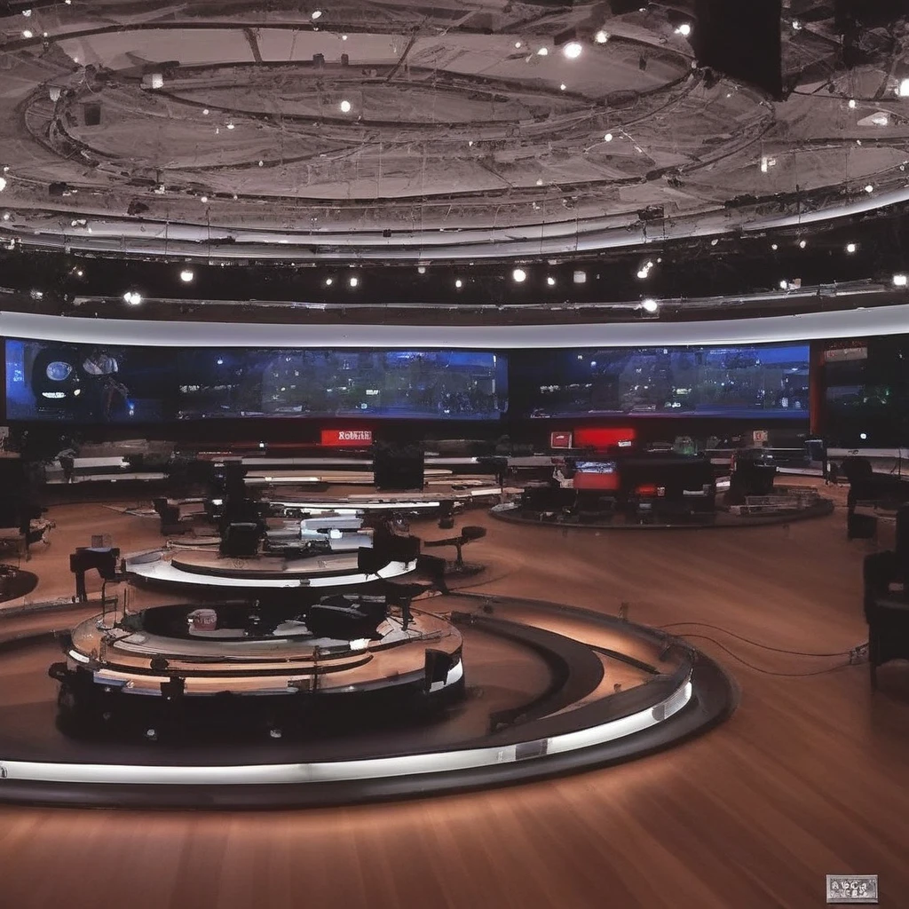 BBC news Studio, wooden floor, TV cameras, lights, lighting, TV screen backdrops, green screen