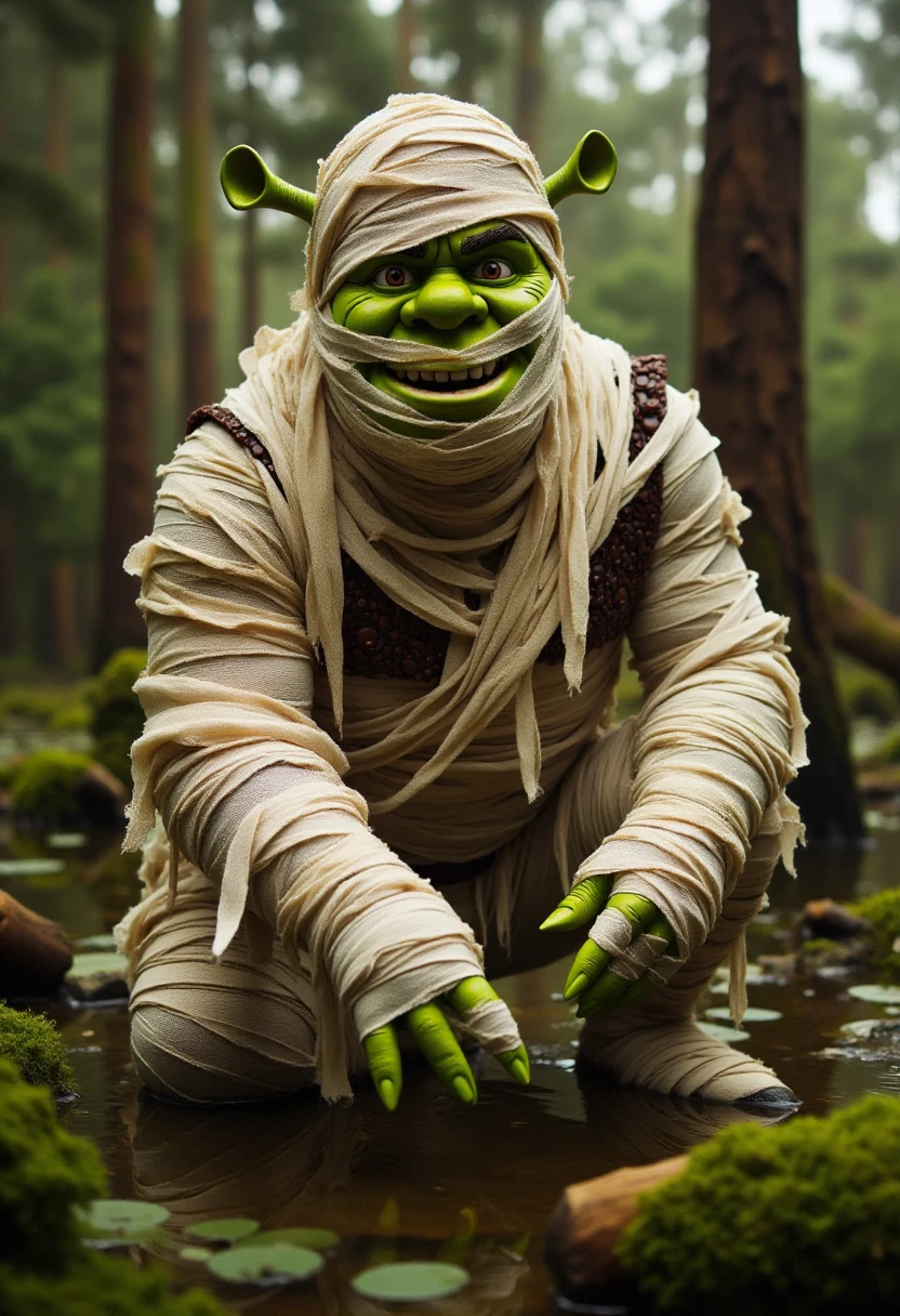 <lora:Mummifier_FLUX:0.9>
The image is a high-resolution photograph featuring a Shrek dressed as a mummy in a swamp