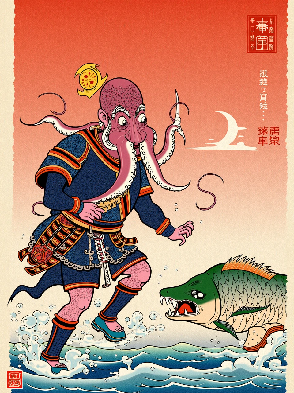 This is a work of ukiyo-e. An octopus warrior in armor is fighting a monstrous fish monster.