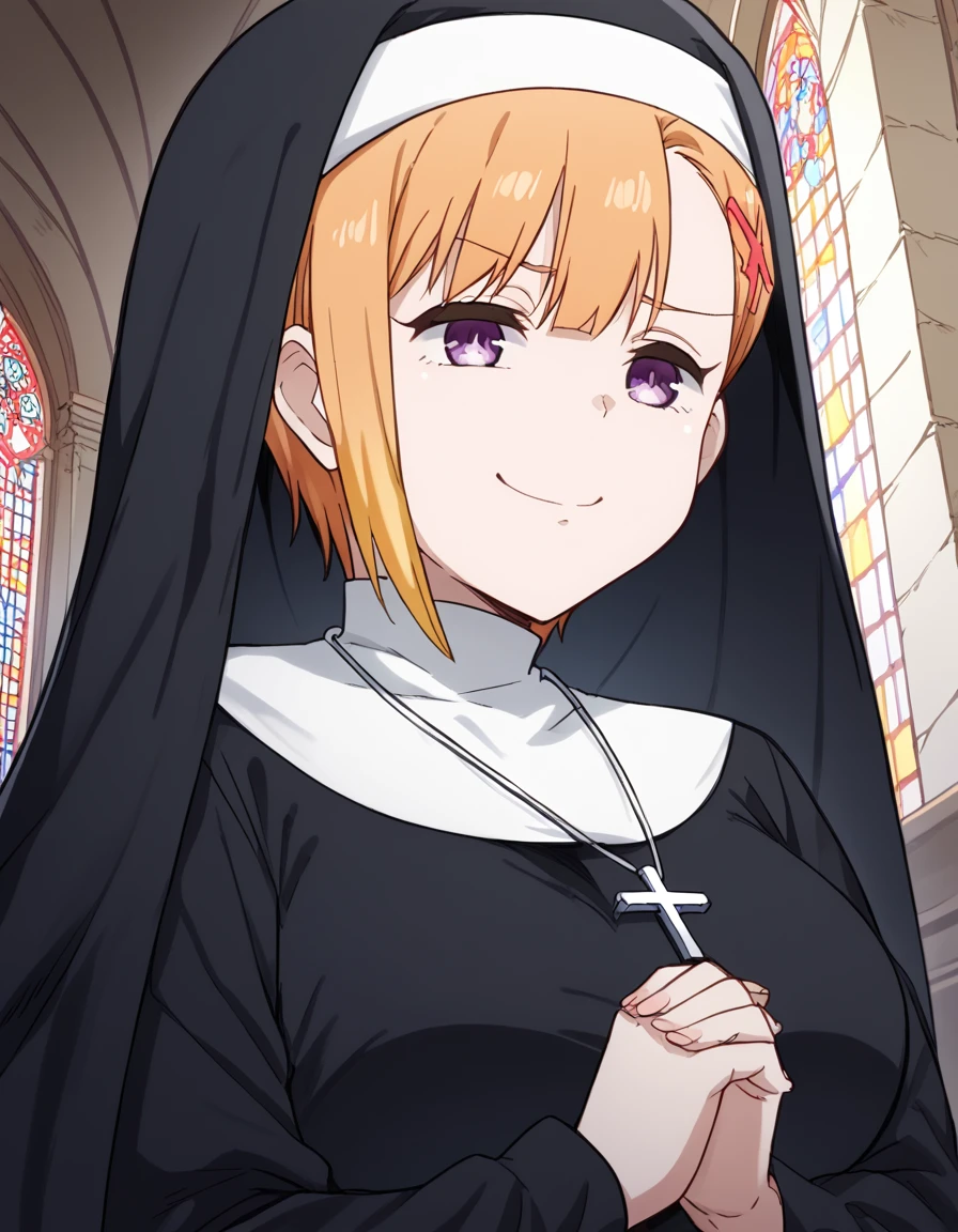 score_9, score_8_up, score_7_up, source_anime, <lora:hana-yurikawa-s1-ponyxl-lora-nochekaiser:1>, hana yurikawa, short hair, bangs, hair ornament, purple eyes, hairclip, orange hair, large breasts,, <lora:traditional-nun-ponyxl-lora-nochekaiser:1>, traditional nun, nun, habit, long sleeves, dress, black dress, jewelry, black veil, cross, cross necklace,, church, smug, praying,, , dutch angle, cowboy shot