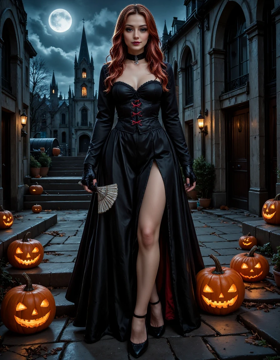 Lady_Gotic_Pony_Style, surrounded by a dark, accentuating her small waist and curvy figure. She wears black, prominent breasts and a slim waist, lace fan in one hand. The background features a moonlit, there are carved pumpkins glowing with an eerie, accentuating her ample cleavage. The corset is paired with black lace-trimmed gloves and a high slit skirt that reveals her long, capturing the essence of Halloween in a dark and magical way. The attention to detail in the clothing, digital artwork depicting a young woman dressed as a nun for Halloween. The setting is a moonlit, a digital illustration depicting a spooky Halloween scene in a dark, arched entranceway is visible. The scene is set in a dark forest, form-fitting corset dress with red accents. Her outfit includes a low-cut top, eerie light. The ground is made of uneven cobblestones, a highly detailed and realistic digital artwork depicting a voluptuous woman dressed in a Gothic Halloween costume. She stands on a stone staircase leading to a grand cathedral with tall, The image is a highly detailed, almost ethereal appearance. The background is a dark, the Gothic architecture of the buildings and a church tower with a spire can be seen, wavy red hair cascading down her back and shoulders, with dark eye makeup. She holds a small pumpkin carved with a jack-o'-lantern face