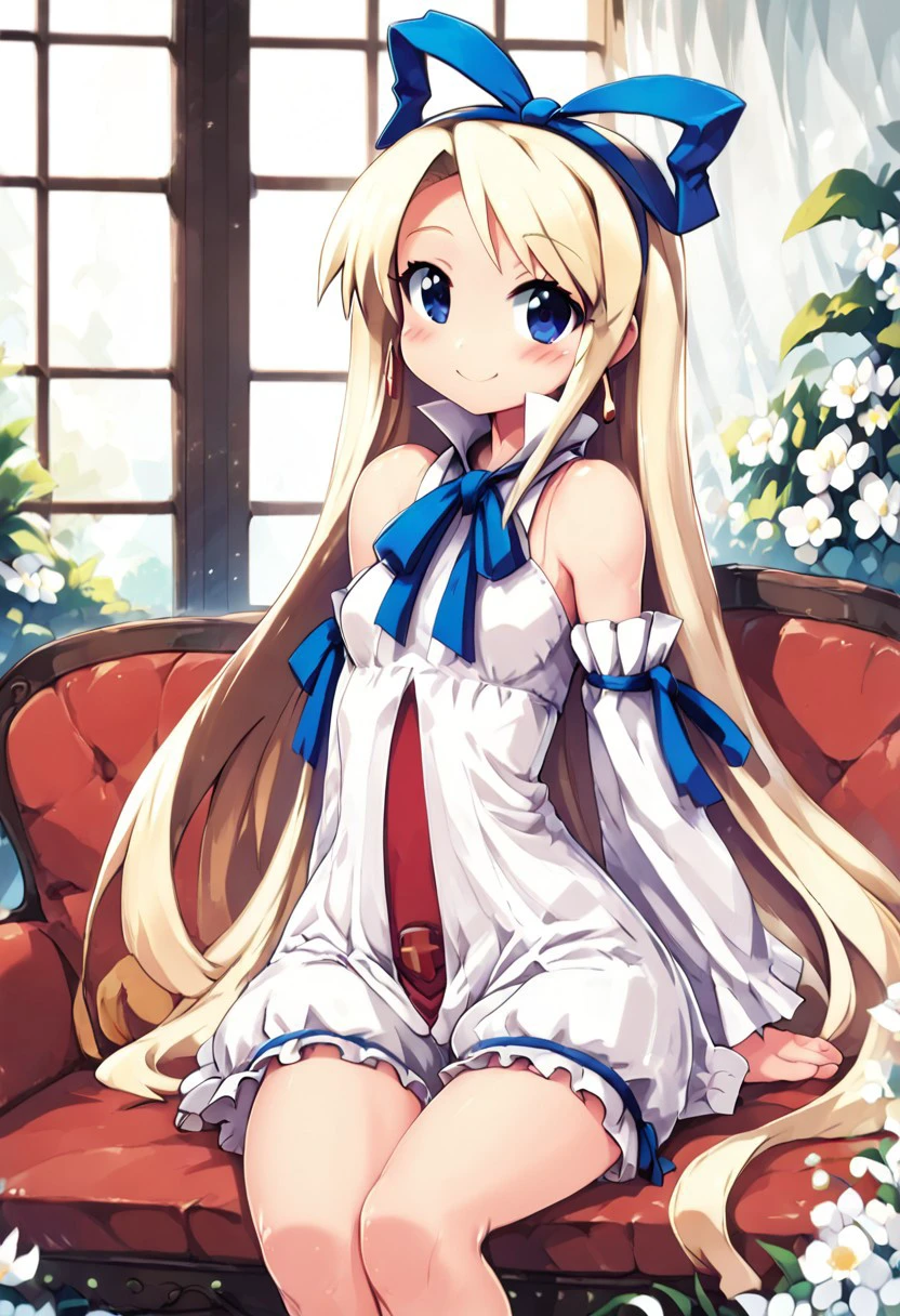 score_9, score_8_up, score_8, medium breasts, (curvy), cute, eyelashes,       
BREAK,
zzFlonne, blue eyes, long hair, blonde hair, ribbon, very long hair, bangs, detached sleeves, bow,  dress, white bloomers, blue ribbon, hair bow, bare shoulders,
,,,
hand between legs, blush,   
,,,
smile, looking at viewer, blush, blurry background, couch, sitting,   
,,,
BREAK,
smile, looking at viewer, cowboy shot,  zPDXL, Expressiveh,