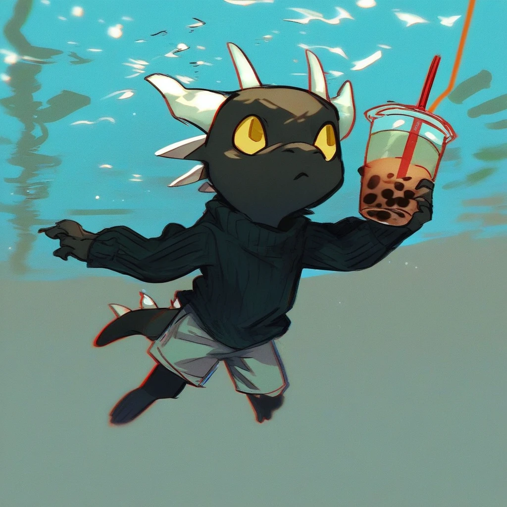 score_9_up, score_8_up, score_7_up, source_furry. mikus-concept, parody, underwater, swimming, album parody, nirvana nevermind, black dragon, black body, white horns, yellow eyes, holding, bubble tea, black sweater, gray shorts,