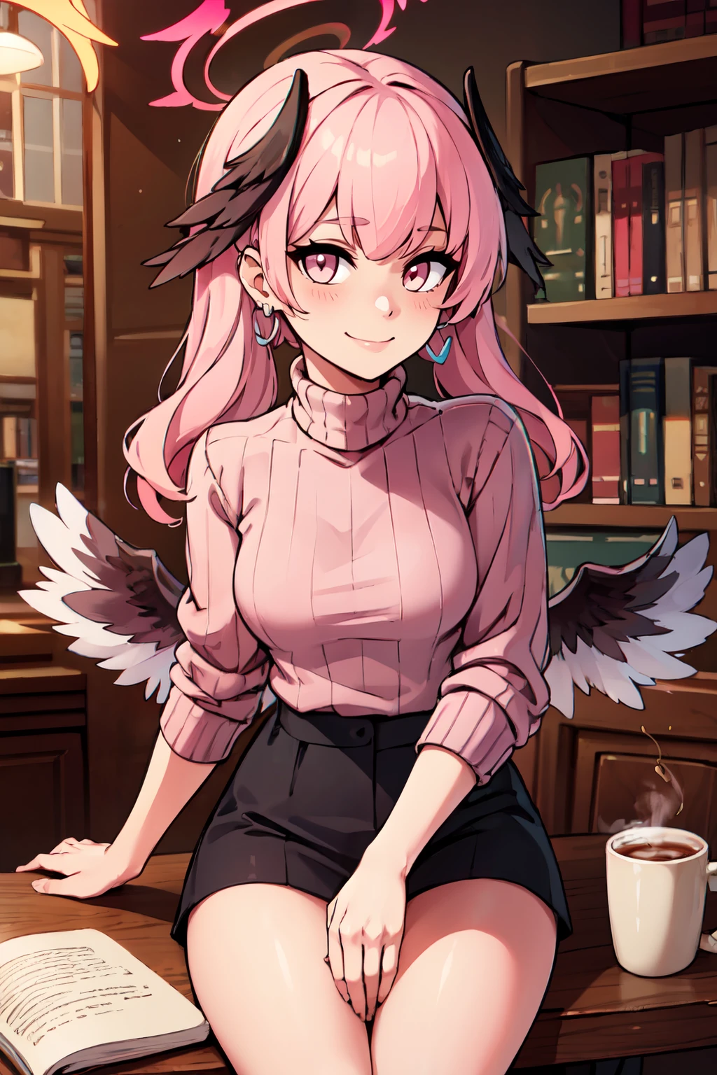 ((masterpiece,best quality)), absurdres,  BREAK, , <lora:Koharu_BlueArchive_Citron:0.8>, , zzKoharu, head wings, pink hair, halo, long hair, pink eyes, pink halo, BREAK, turtleneck sweater, earrings, library, cup of coffee, sitting at table, BREAK, solo, smile, looking at viewer, cowboy shot,