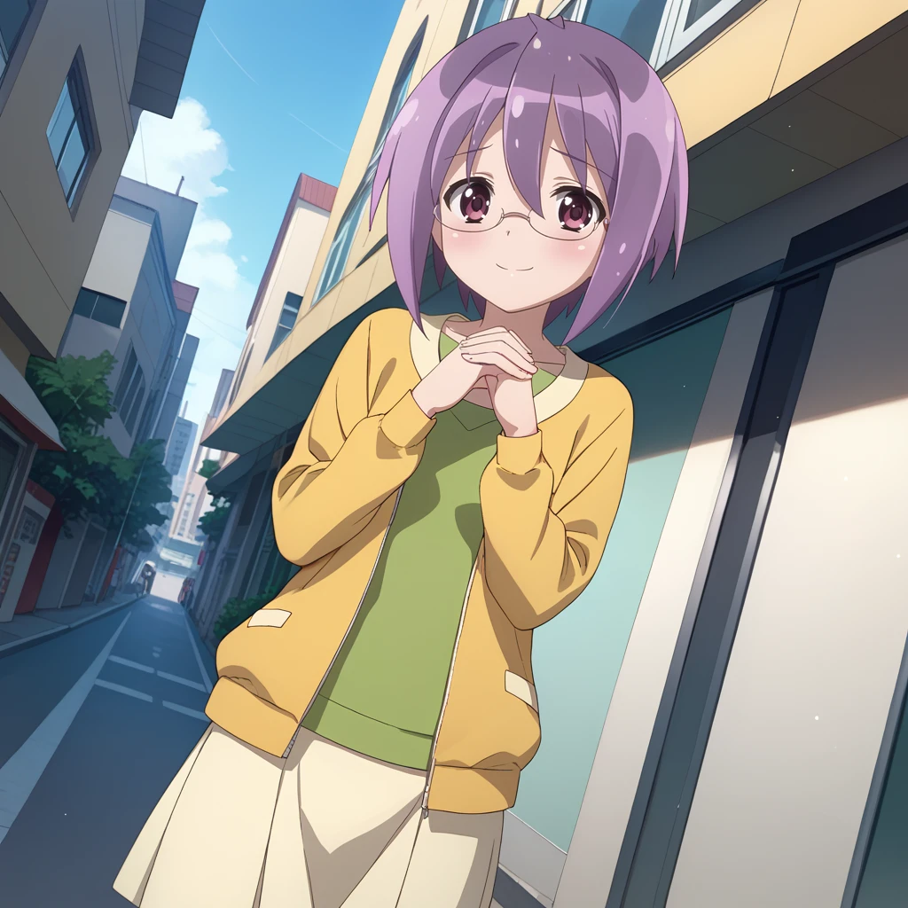 score_9, score_8_up, score_7_up, 1girl, solo, uncensored, futabaichinose, smile, closed mouth, shy, looking at viewer, own hands together, standing, glasses, dutch angle, short purple hair, green shirt, yellow jacket, white skirt, outdoors, street, city, day <lora:FutabaIchinoseXL_v1.0:1>