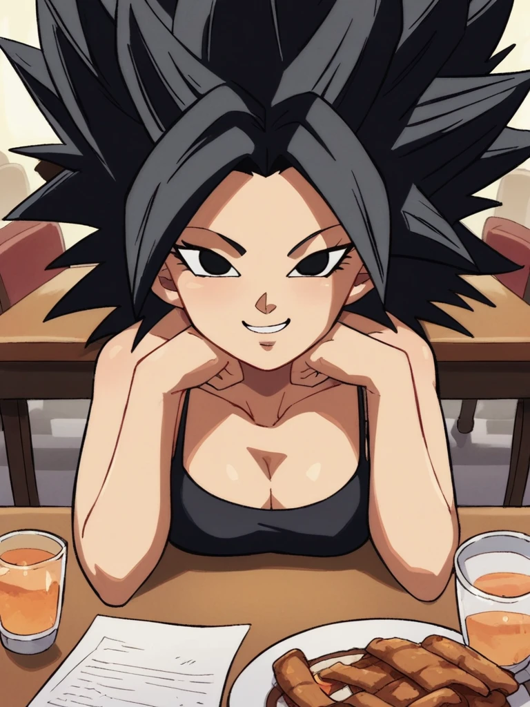 score_9, score_8_up, score_7_up, 
1girl, caulifla, spiked hair, black hair, big hair, black eyes, 

pov, restaurant, sitting, table, across table, black camisole, medium breasts, cleavage, head rest, smile, narrowed eyes, looking at viewer,

