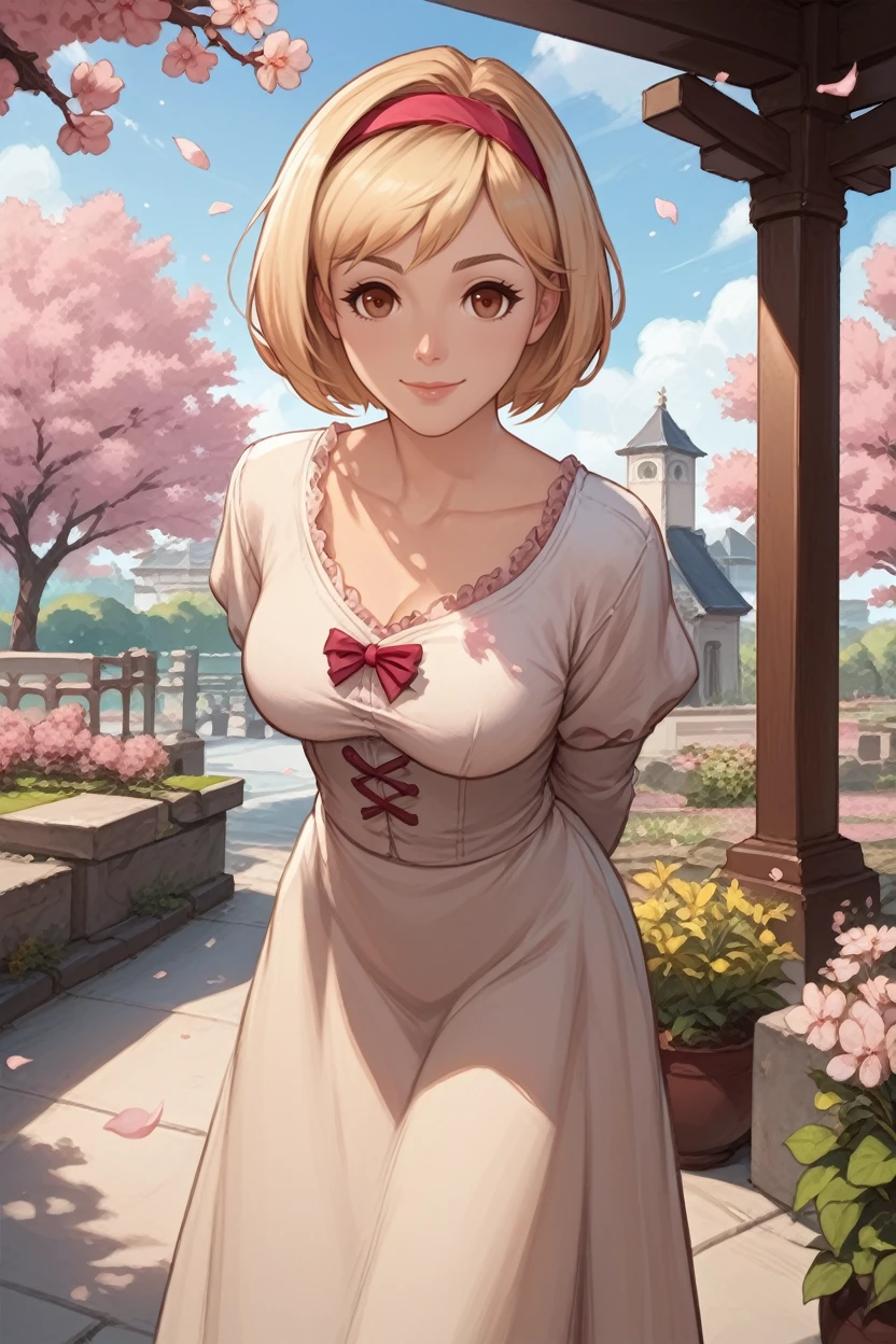 score_9, score_8_up, score_7_up,
<lora:GFGita:0.8>
GFGita, 1girl, blonde hair, brown eyes, short hair, hairband, looking at viewer, arms behind back, leaning forward, standing, outdoors, cherry blossoms, smile, garden, church