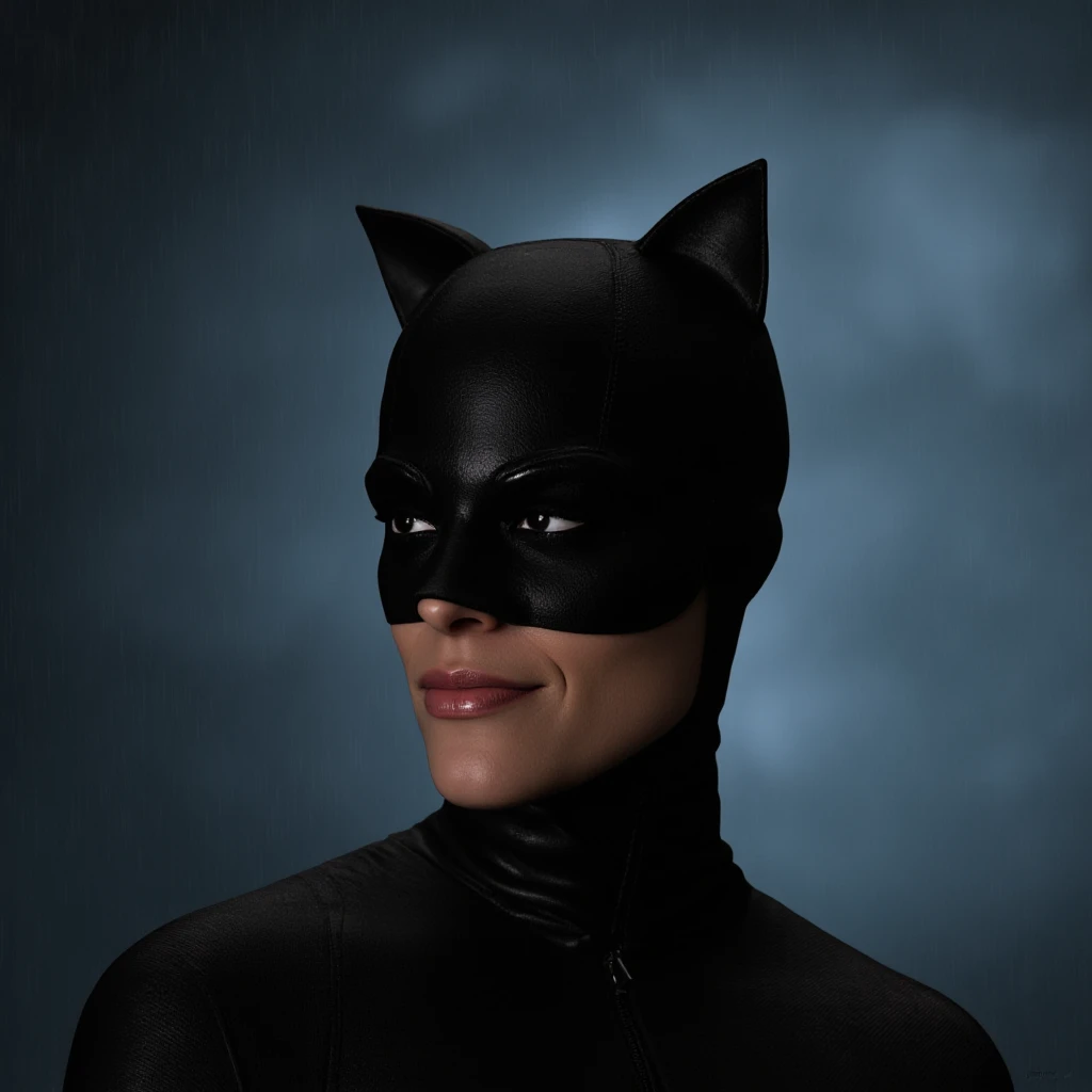 <lora:dark cinematic style v1 (The Batman 2022):0.9>
Catwoman a woman in a cat suit with a ski mask, detailed background, cinematic shadows, cinematic dark color, chiaroscuro style, perfect cinematic image, perfect body, perfect anatomy, sharp image, detailed image, high quality photography, cinematic skin tone color, cinematic skin pore, cinematic photography style, dark cinematic style, solo, hat, looking to the side, lips, bodysuit, helmet, rain