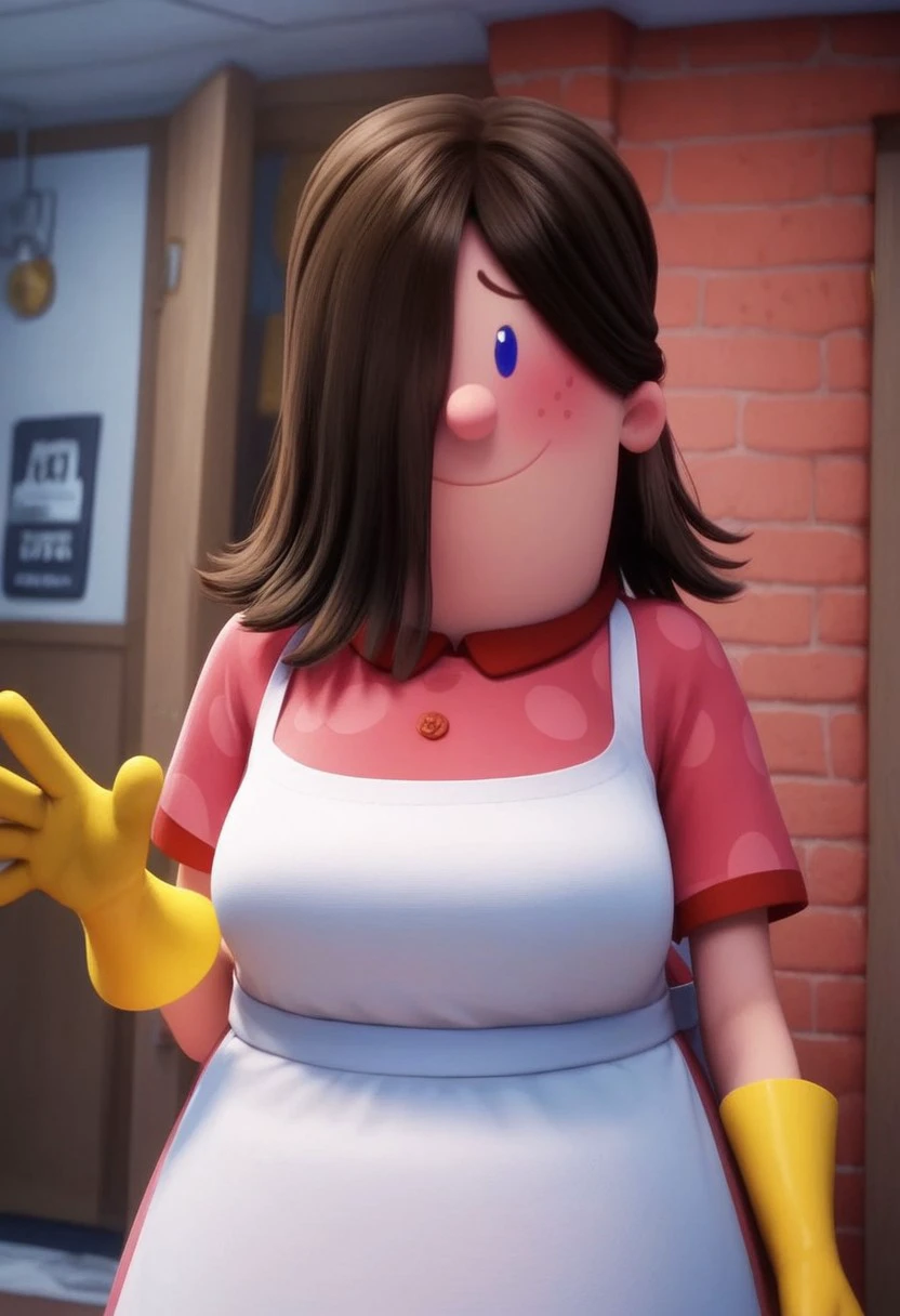 edith (captain underpants), 1girl, dark brown hair, hair over one eye, hair covering one eye, dot blue eyes, freckles, blush, pink polka dot dress, short sleeves, white apron, yellow dishwashing gloves, pink mary janes, white socks, plump, Expressiveh, shy, score_8_up, score_7_up, BREAK, 1girl, solo, looking at viewer, cute, smiling, smug, walking, waving at viewer, female focus, looking at viewer, detailed background, 4k, masterpiece, best quality, highly detailed, realistic, 3d, full shot