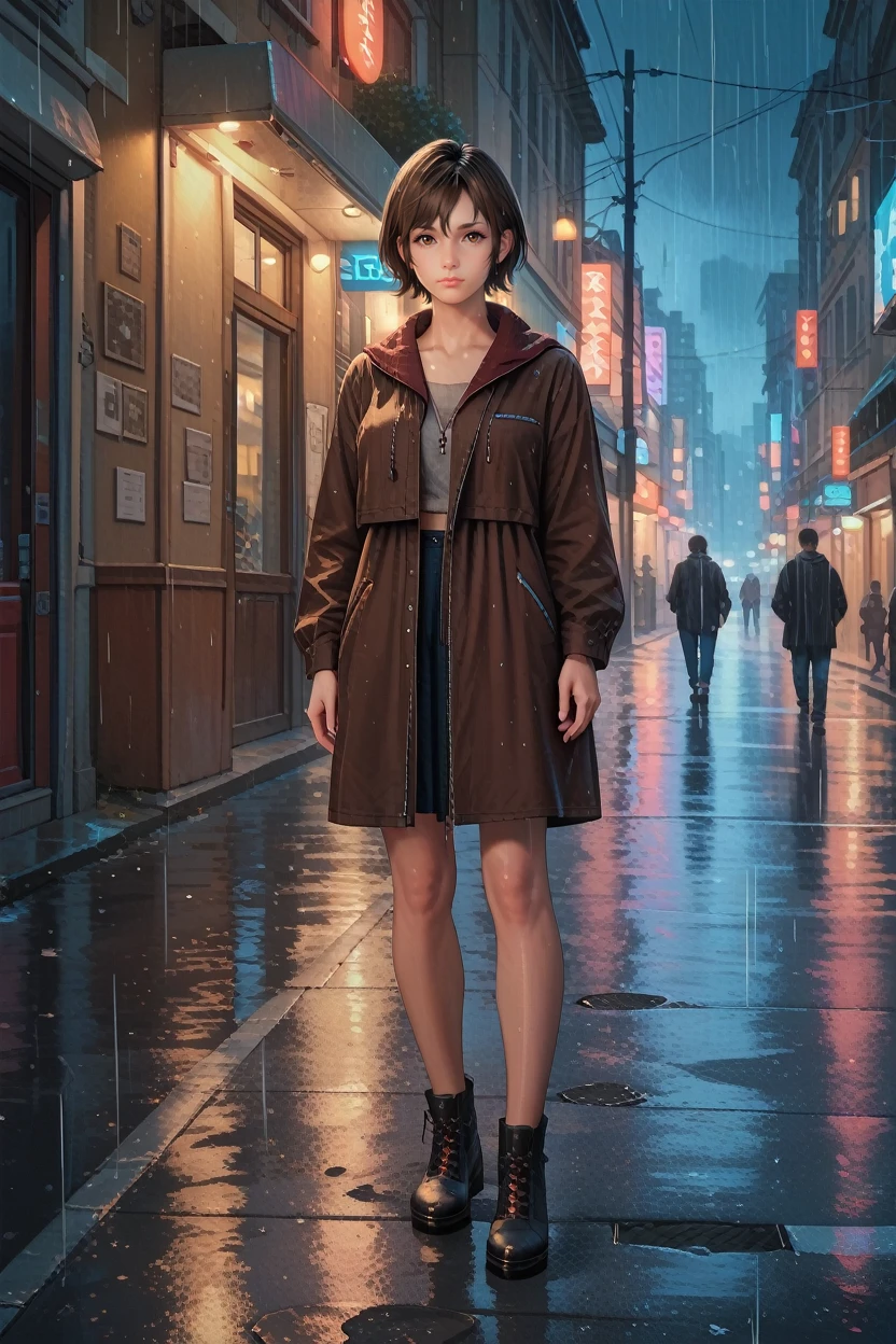 score_9, score_8_up, score_7_up,
<lora:FFIris:0.8>
FFIris, 1girl, brown hair, brown eyes, short hair, looking at viewer, standing in the rain on a neon-lit city street at night, full body