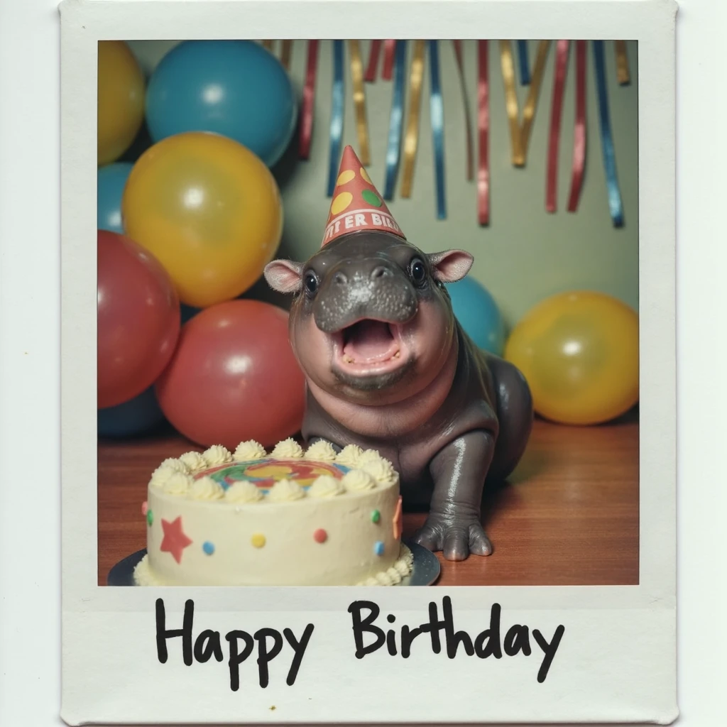 A cute Polaroid photograph capturing a hippo at a colorful birthday party. The babypo is sitting in front of a birthday cake, wearing a small party hat with bright colors. Balloons and streamers decorate the background, with a festive atmosphere. The hippo’s expression is joyful, its mouth open in delight as if it’s excited about the celebration. The Polaroid photo has a slightly faded, vintage look, with soft edges and a handwritten caption at the bottom that reads “Happy Birthday.” The colors in the image are vibrant but slightly washed out, giving it a nostalgic, heartwarming feel, as though it’s a cherished memory from a fun party.