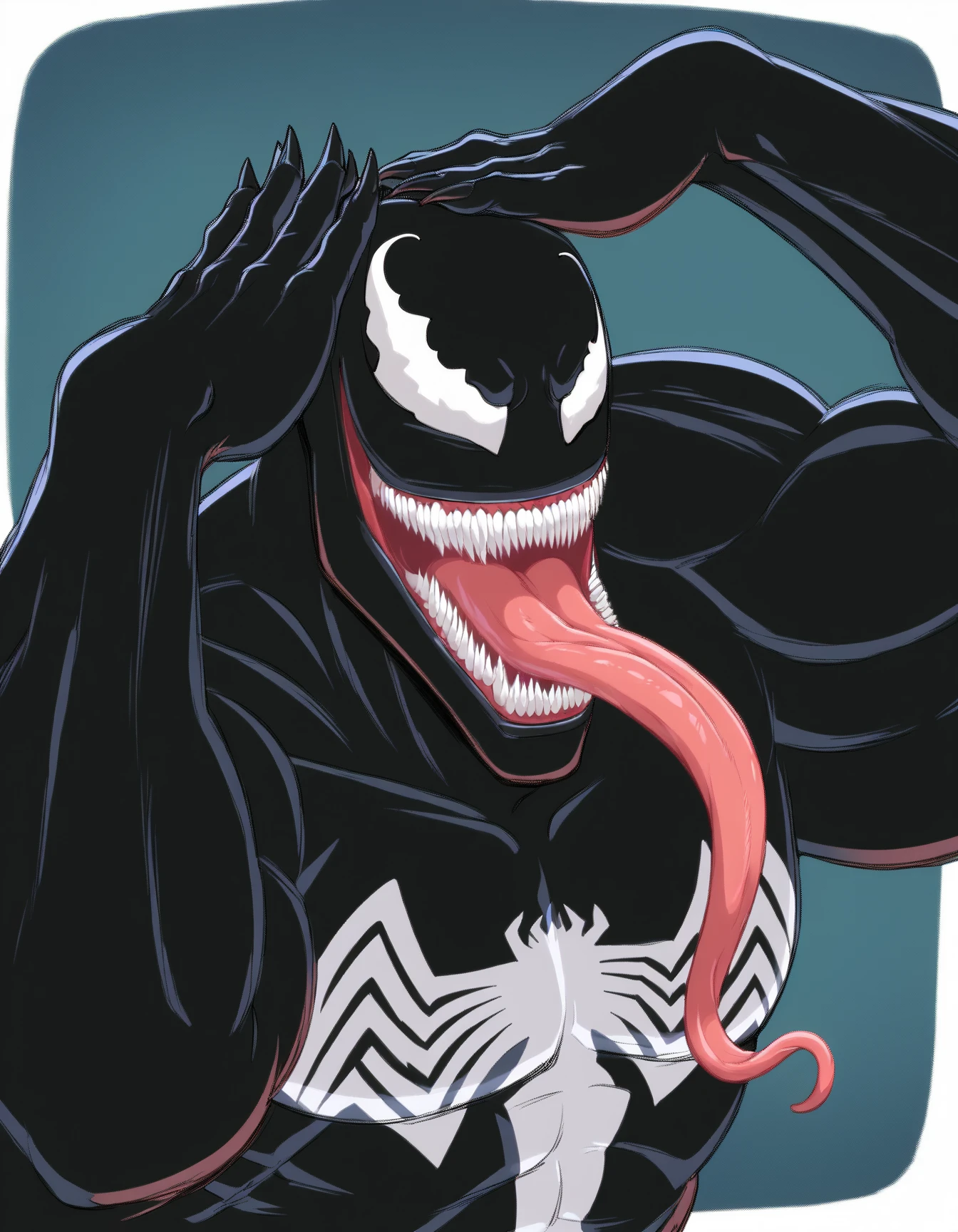 score_9, score_8_up, score_7_up, score_6_up, score_5_up, score_4_up
Venom, black body, (hands on own head), smile, upper body, portrait, bare shoulders, long tongue <lora:eto:1>
<lora:Venom_XL:0.8>