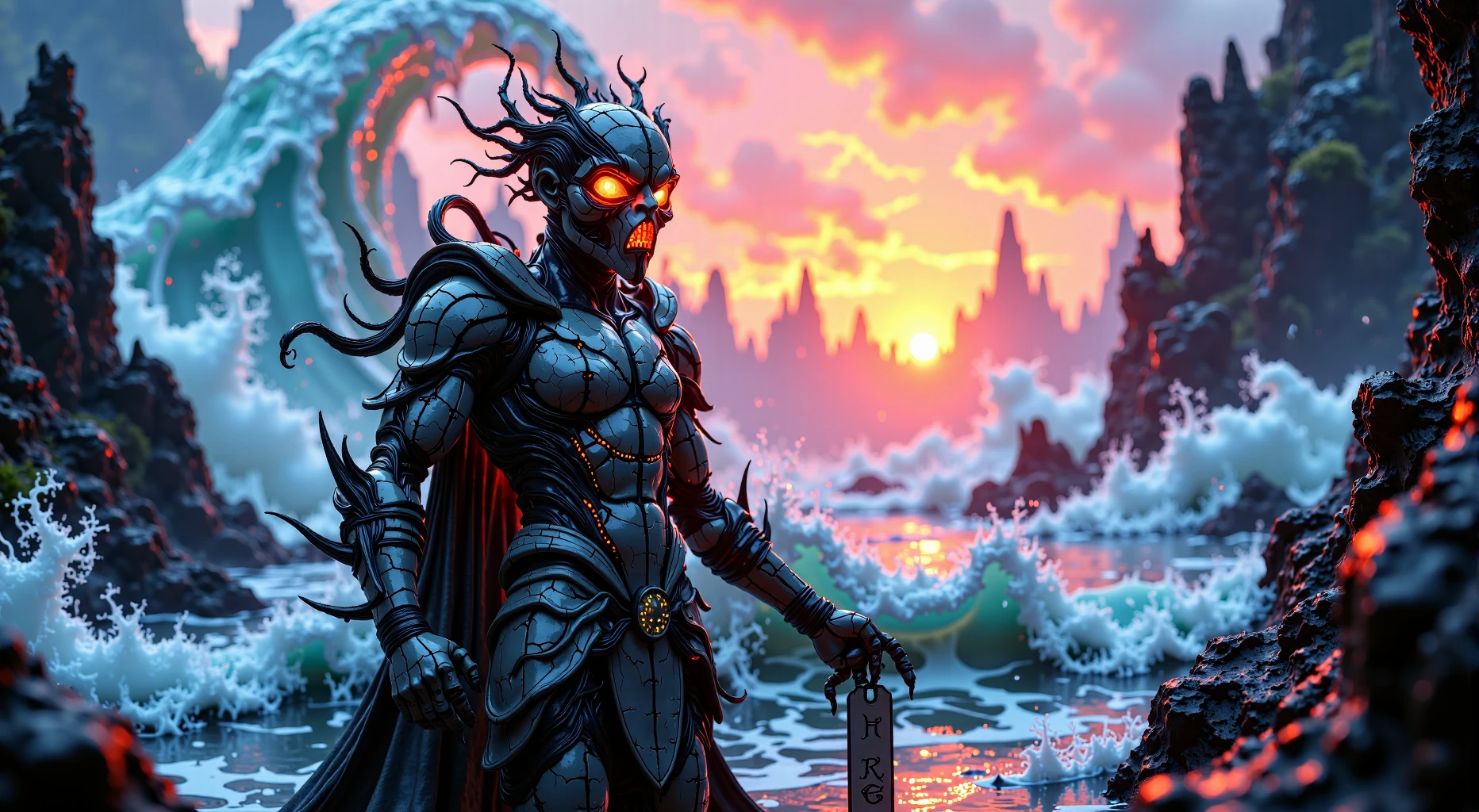 A cyber warrior with a crown of wires and a detailed mask stands against a backdrop of a cybernetic Hokkaido wave. Neon hues and electrified highlights create a futuristic vibe. The scene uses cold blues, silvers, and neon greens with dramatic light from a rising sun. Dutch angle view adds a dynamic, powerful feel. demonic, mask