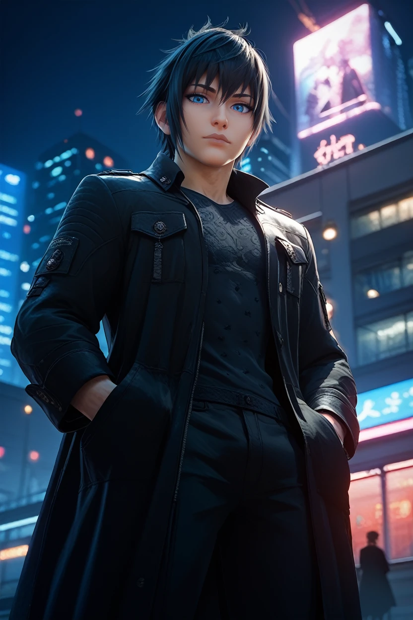 score_9, score_8_up, score_7_up,
<lora:FFNoctis:0.8>
FFNoctis, 1boy, black hair, blue eyes, looking at viewer, On a high-rise rooftop, sharp black trench coat, city lights below, hands in pockets