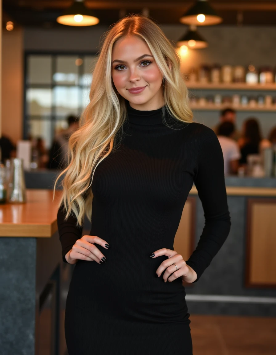 <lora:Jordyn_Jones_Flux:1> The image is a photograph of a young woman with a long blonde hair, wearing a formfitting turtleneck dress Standing in a cafe. looking a the viewer, smile