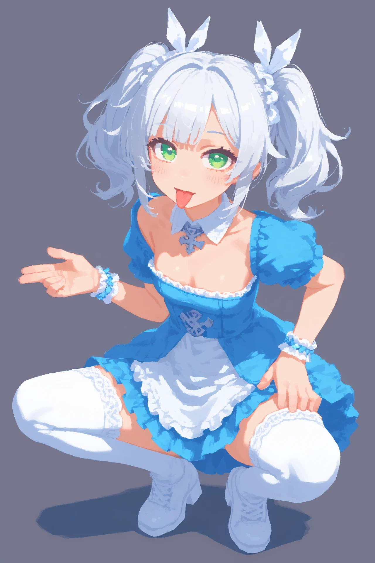 score_9_up,score_8,score_7,score_6,inzaniak <lora:px12:1.0>
1girl,solo,vibrant,twintails,detached collar,ting an \(azur lane\),squatting,grey background,looking at viewer,green eyes,dress,white thighhighs,azur lane,hair bun,absurdres,white hair,highres,tongue