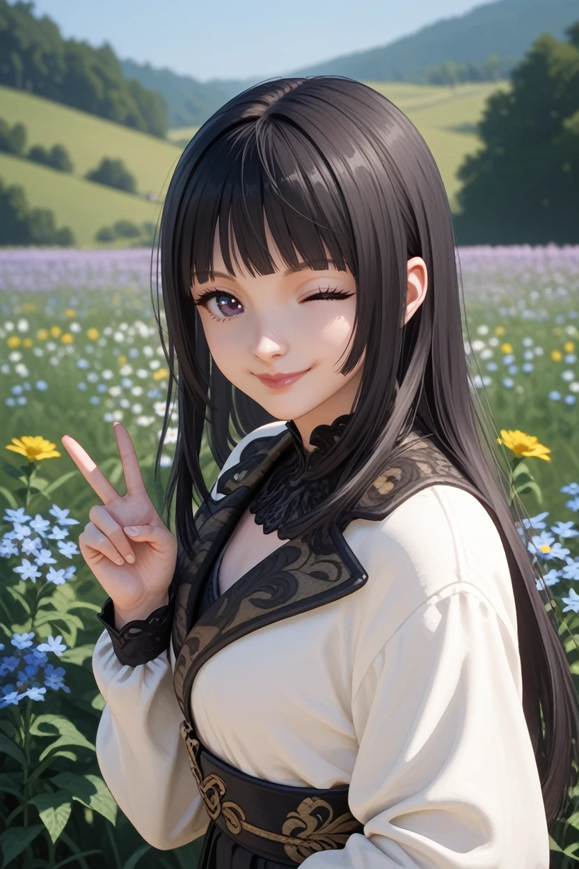 score_9, score_8_up, score_7_up,
<lora:FFGentiana:0.8>
FFGentiana, 1girl, black hair, long hair, blunt bangs, looking at viewer, from side, wink, happy, smile, closed mouth, peace sign, flowers, meadow