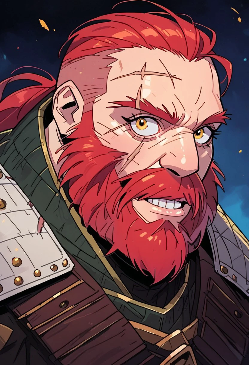 score_9, score_8_up, score_7_up, detail1eye, 1 character, solo, solo focus, cowboy-shot, BREAK, (((1 boy, dwarf, massive beard, big beard, long beard, appron, smith appron, smith clothes, scars, red hair))