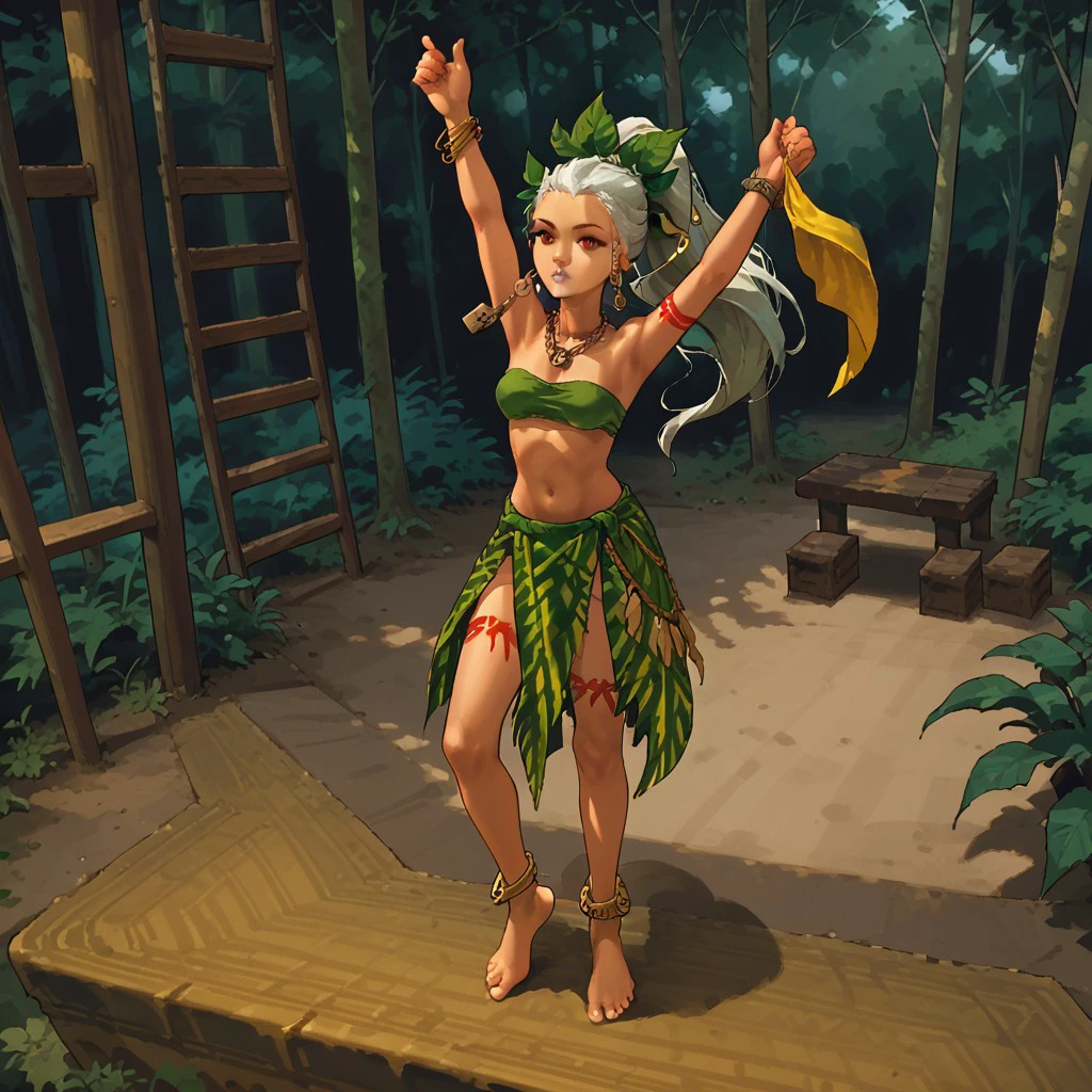 Score_9_up, score_8_up, score_7_up, source_anime, 1girl, solo, barefoot, anklet, jewelry, red eyes, necklace, tribal, long hair, bracelet,bright green bikini, leaf hair bow, white hair,bright yellow and green striped tribal skirt,bright green bikinibottom, yellow cloth on left arm,padlock on feets,white lipstick,white lips,dancing, spread feets,outside, forest